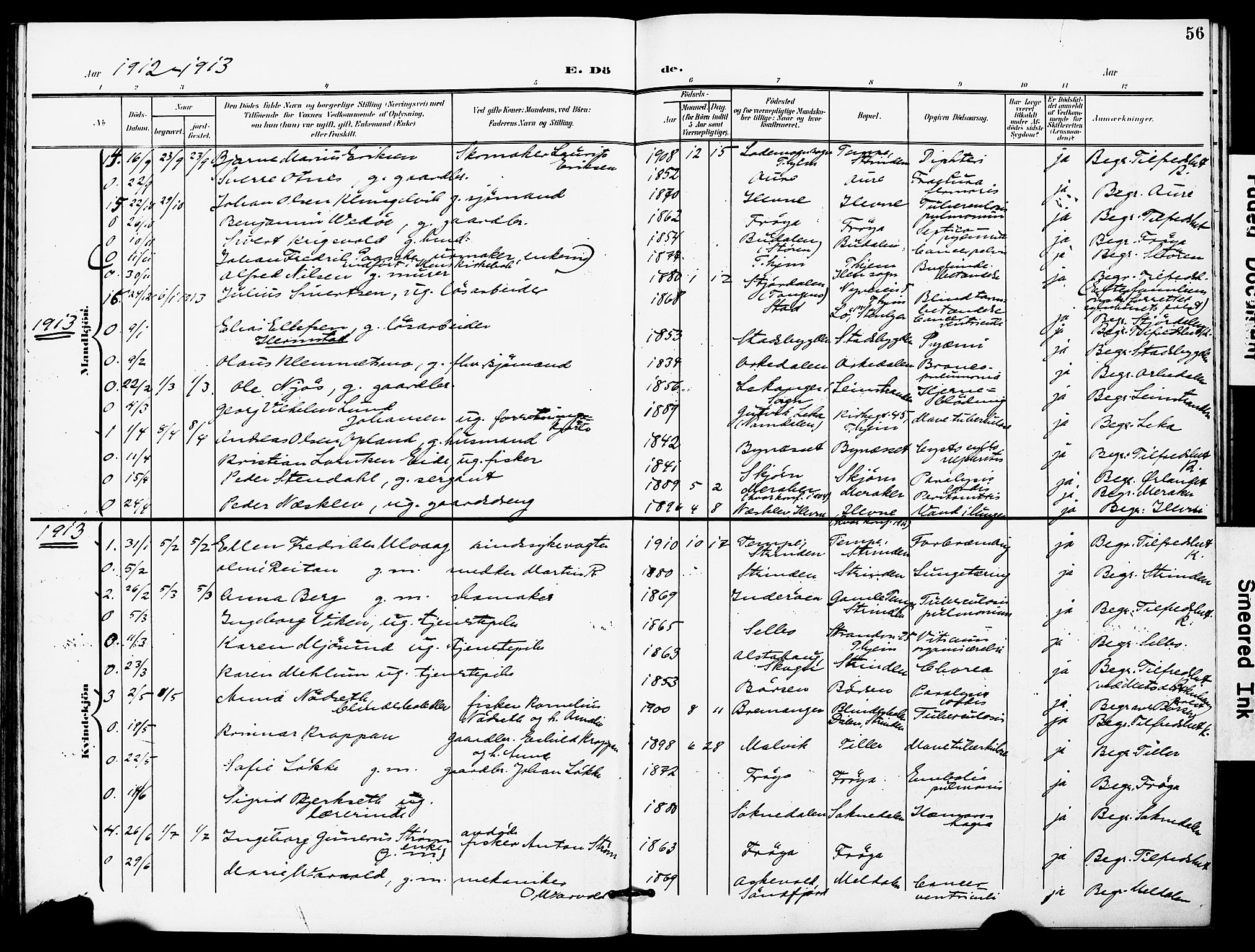 Ministerialprotokoller, klokkerbøker og fødselsregistre - Sør-Trøndelag, SAT/A-1456/628/L0483: Parish register (official) no. 628A01, 1902-1920, p. 56