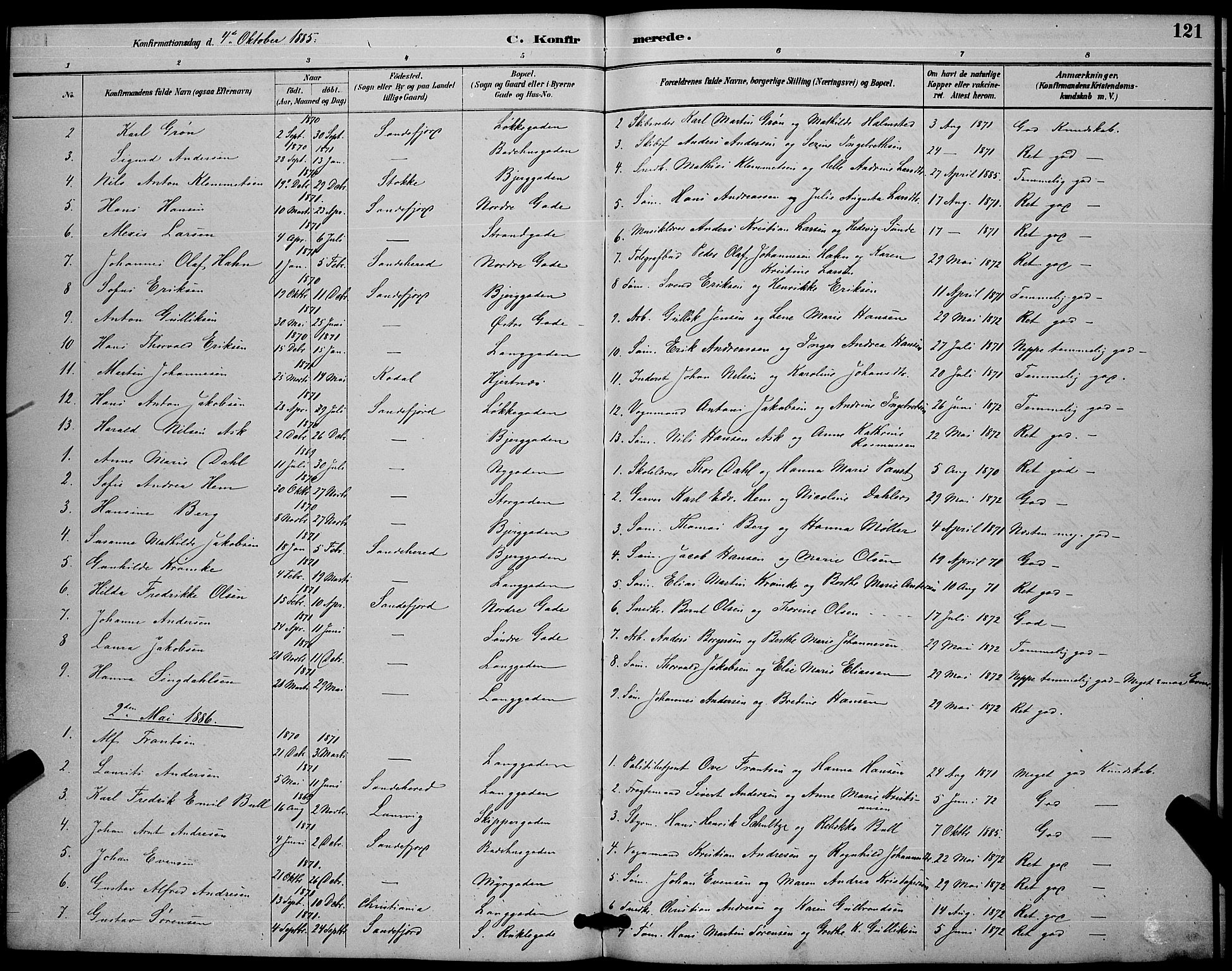 Sandefjord kirkebøker, SAKO/A-315/G/Ga/L0001: Parish register (copy) no. 1, 1885-1903, p. 121