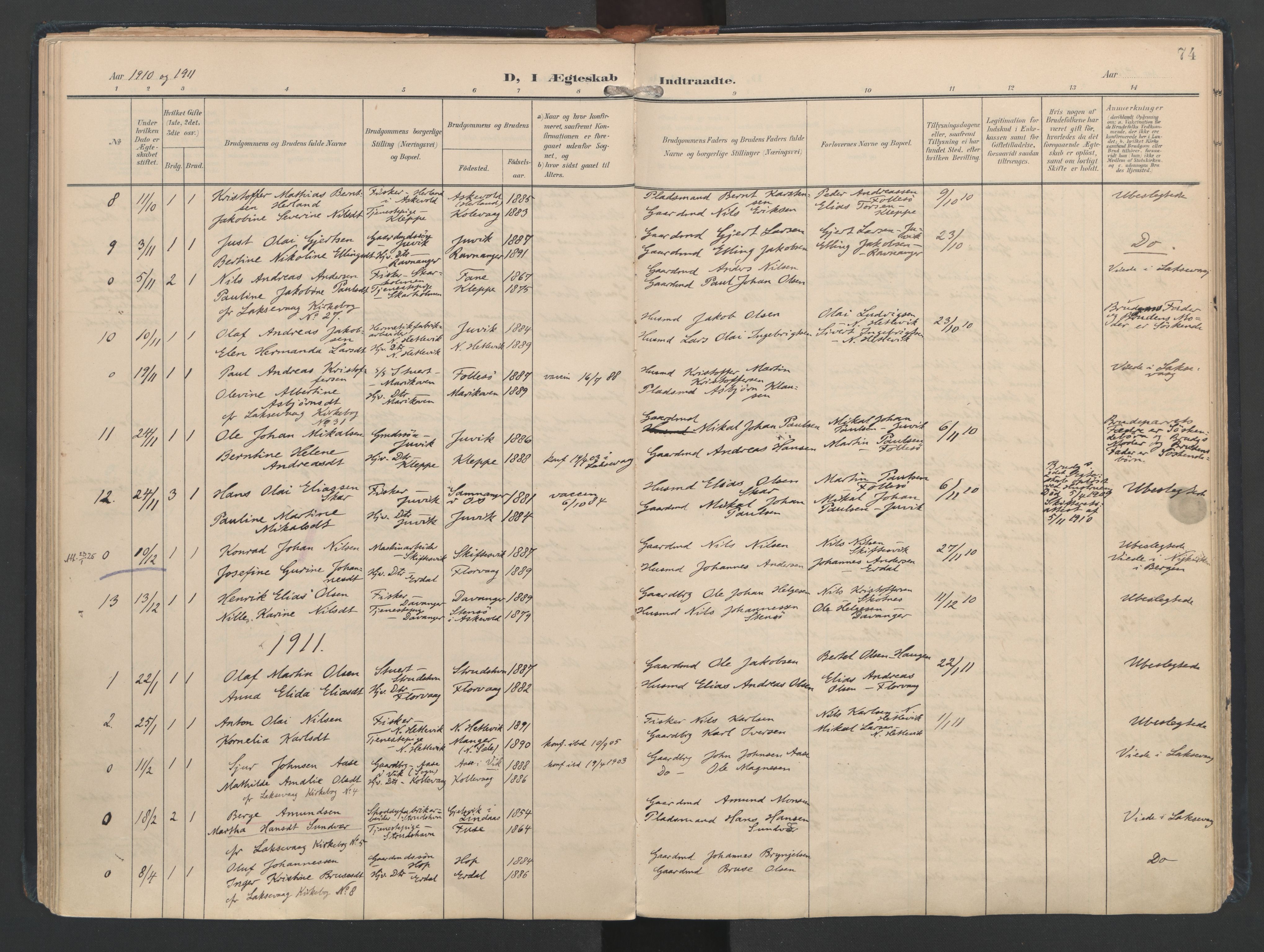 Askøy Sokneprestembete, AV/SAB-A-74101/H/Ha/Haa/Haad/L0001: Parish register (official) no. D 1, 1902-1916, p. 74