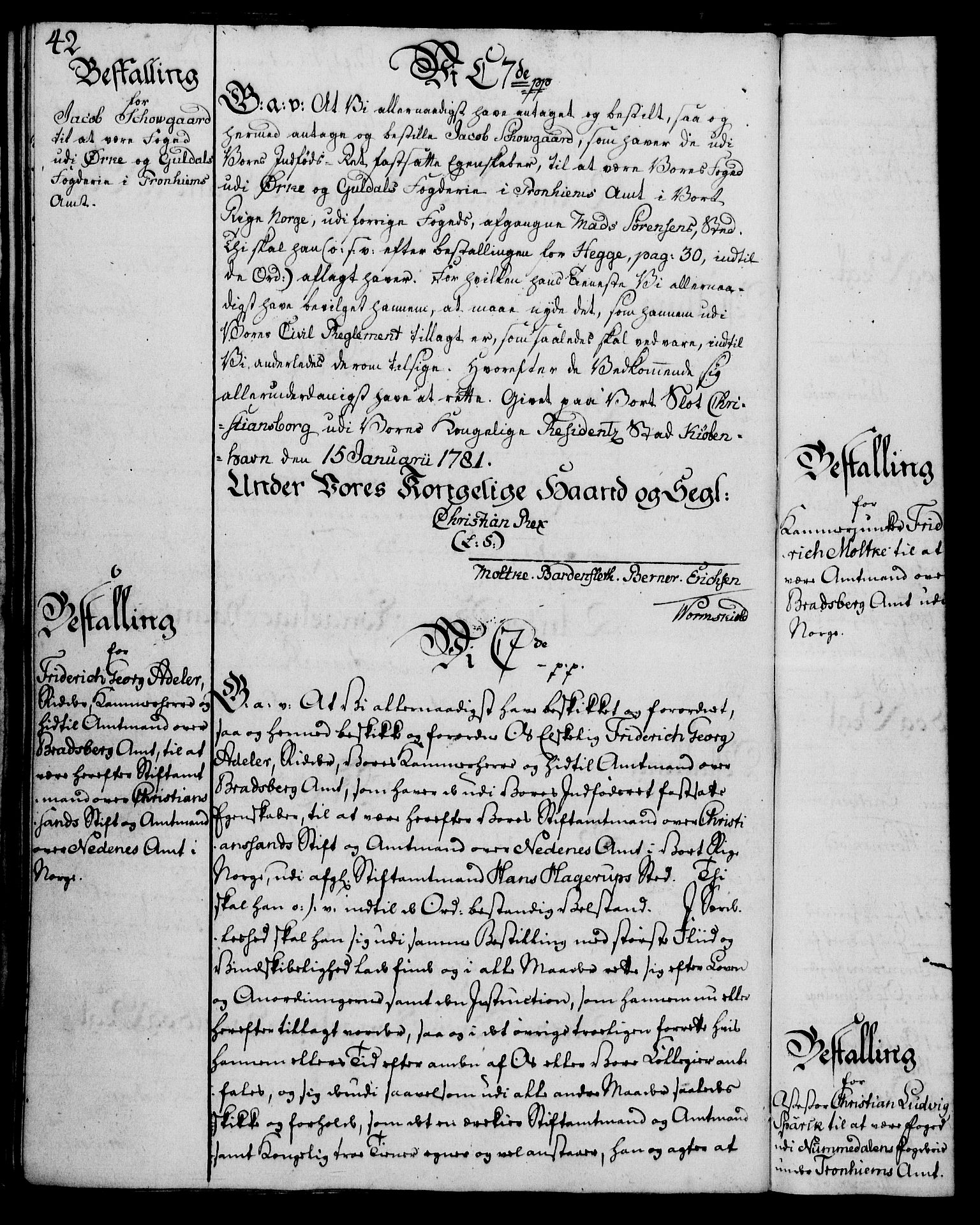 Rentekammeret, Kammerkanselliet, RA/EA-3111/G/Gg/Gge/L0006: Norsk bestallingsprotokoll med register (merket RK 53.30), 1773-1814, p. 42