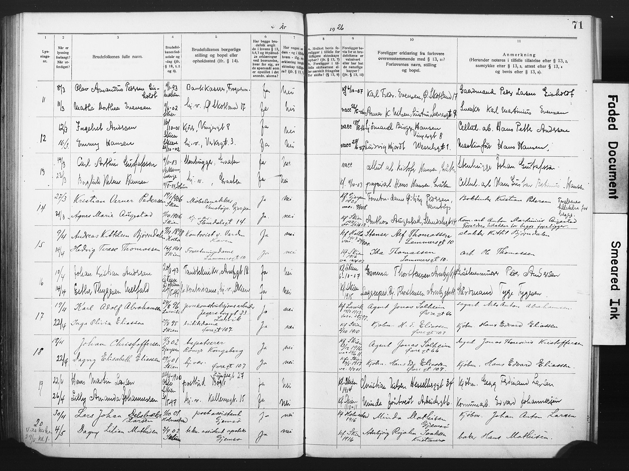 Skien kirkebøker, SAKO/A-302/H/Ha/L0001: Banns register no. 1, 1919-1929, p. 71