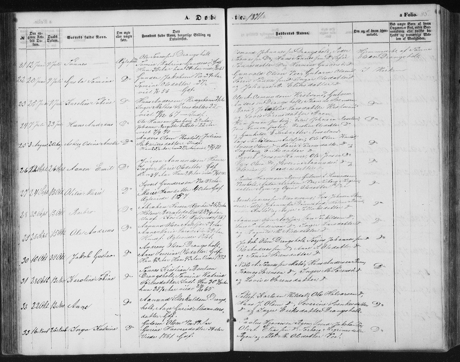 Tveit sokneprestkontor, AV/SAK-1111-0043/F/Fb/L0003: Parish register (copy) no. B 3, 1854-1886, p. 85