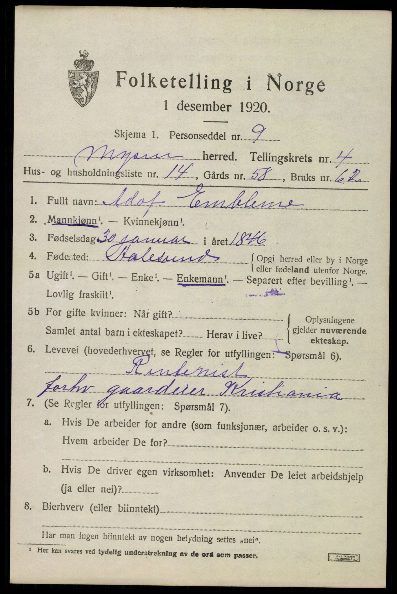 SAO, 1920 census for Mysen, 1920, p. 2669