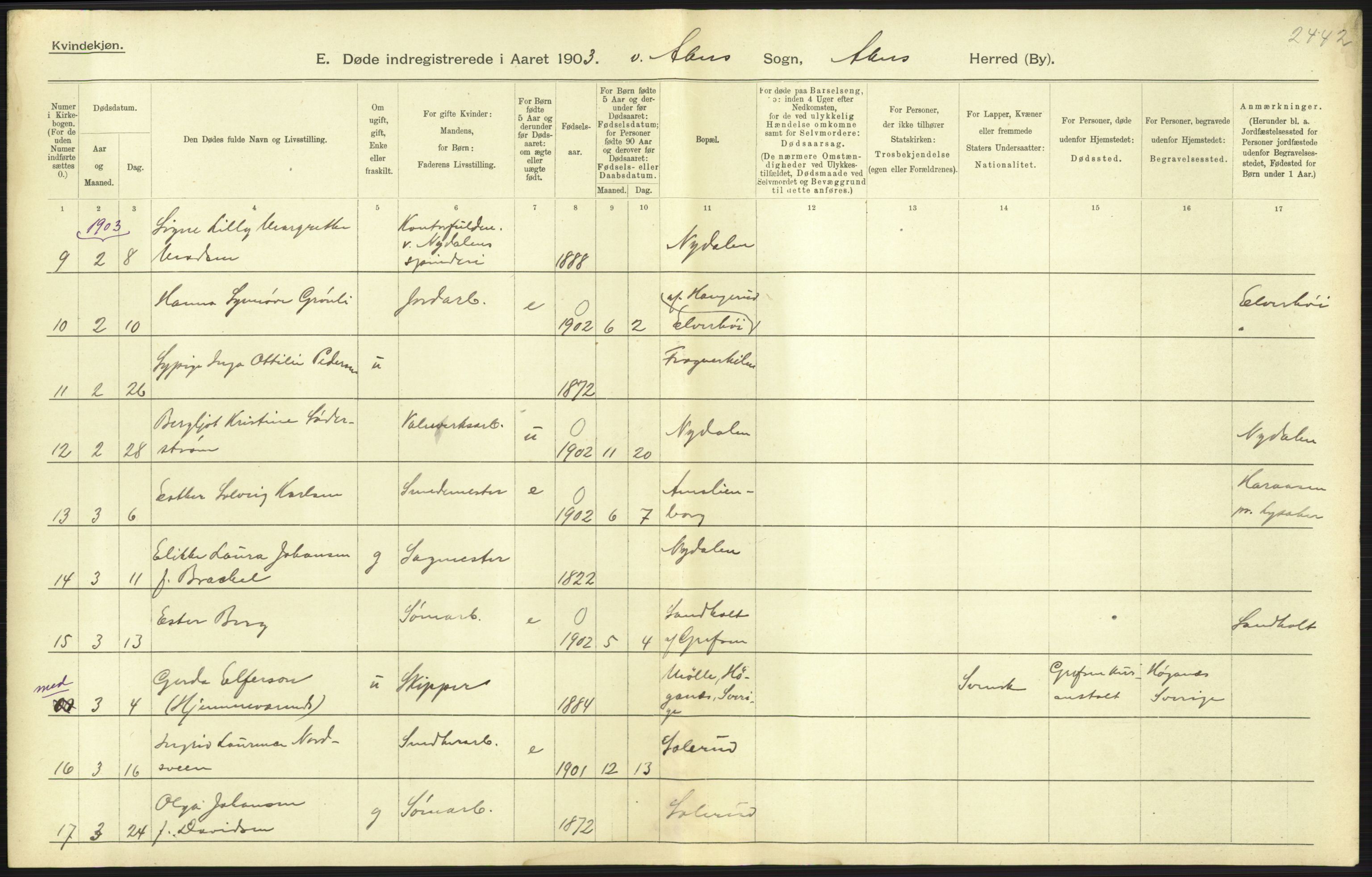 Statistisk sentralbyrå, Sosiodemografiske emner, Befolkning, AV/RA-S-2228/D/Df/Dfa/Dfaa/L0002: Akershus amt: Fødte, gifte, døde, 1903, p. 553