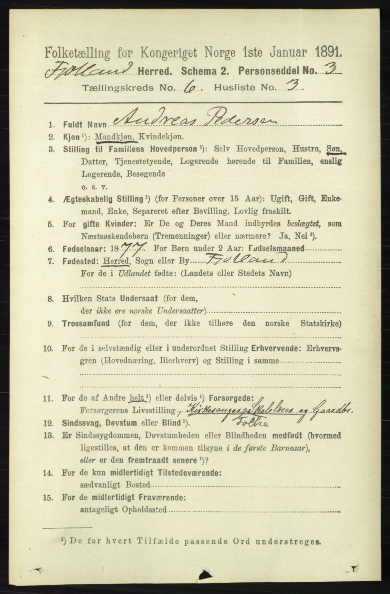 RA, 1891 census for 1036 Fjotland, 1891, p. 876