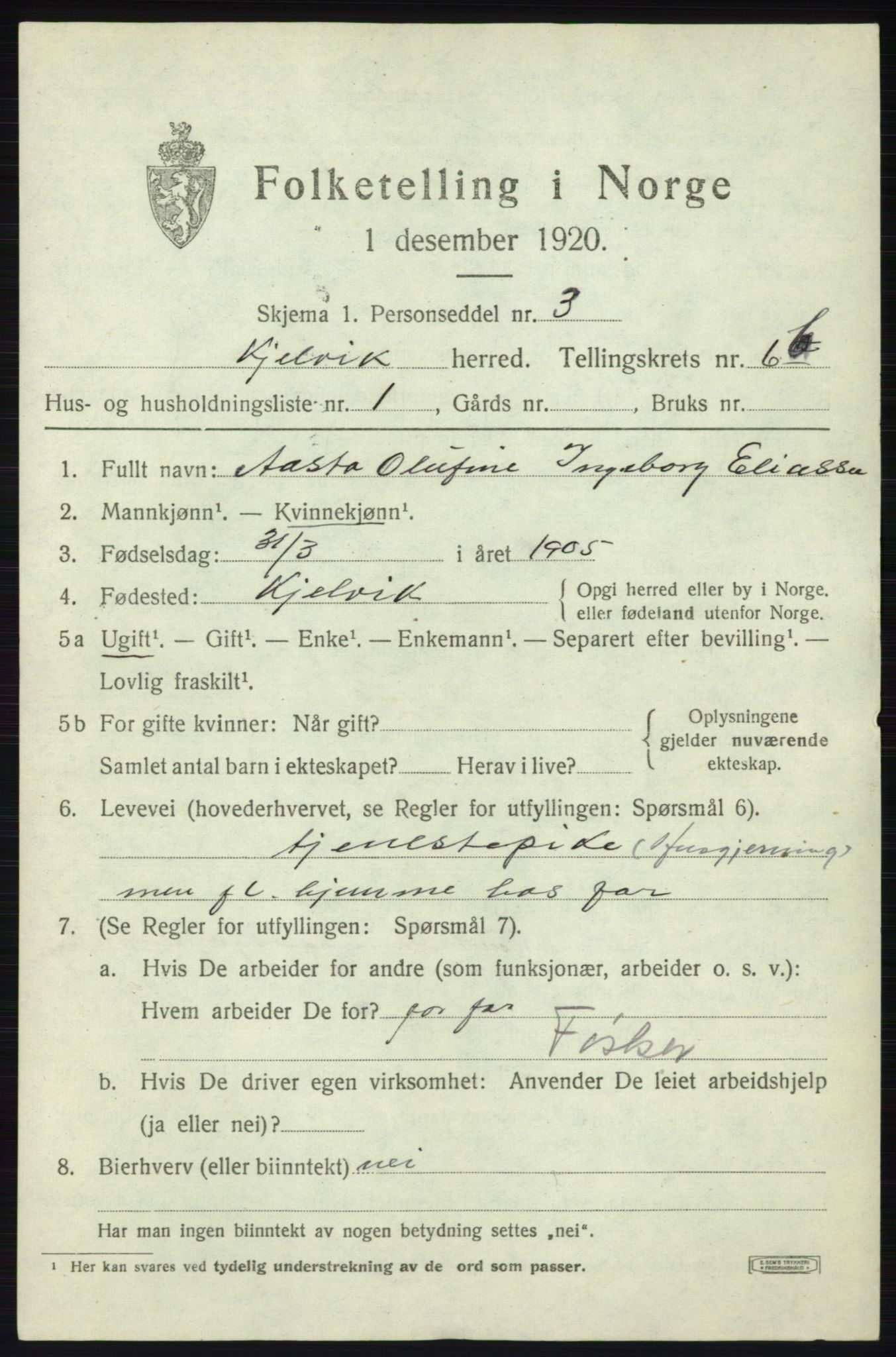 SATØ, 1920 census for Kjelvik, 1920, p. 3621