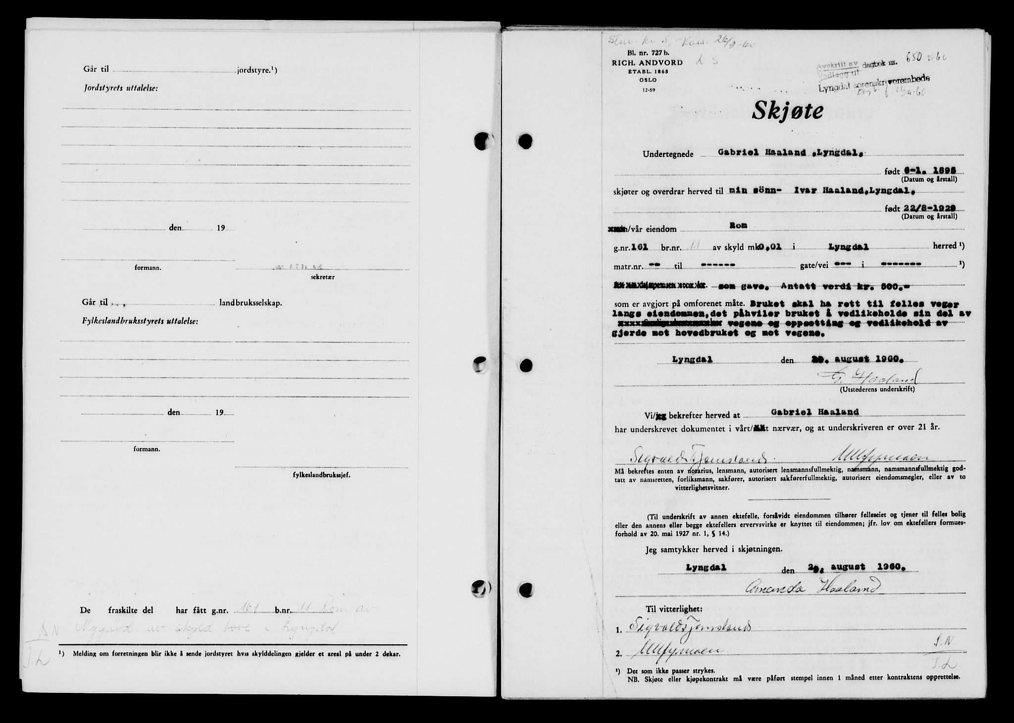 Lyngdal sorenskriveri, AV/SAK-1221-0004/G/Gb/L0680: Mortgage book no. A XXVI, 1960-1960, Diary no: : 850/1960