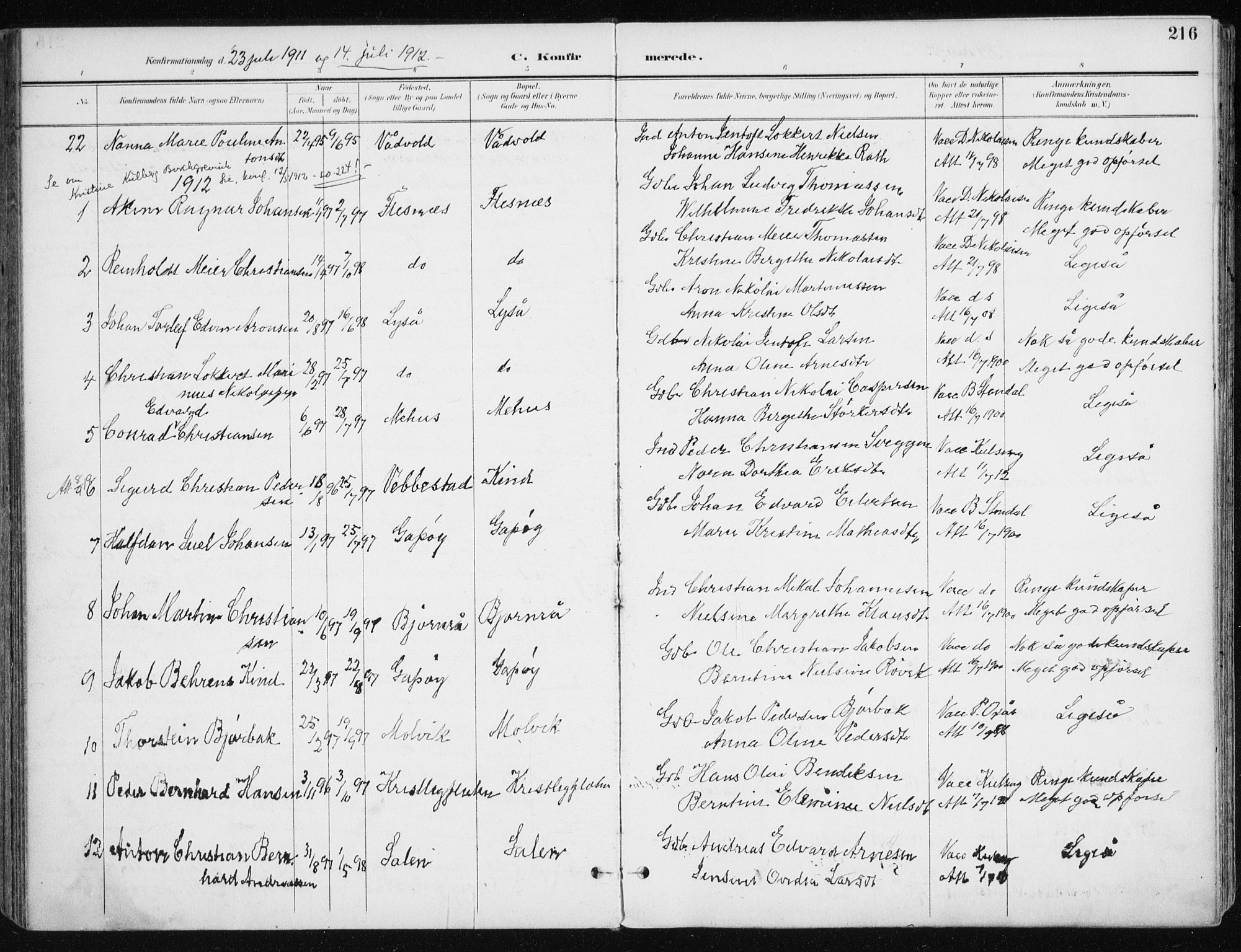 Kvæfjord sokneprestkontor, SATØ/S-1323/G/Ga/Gaa/L0006kirke: Parish register (official) no. 6, 1895-1914, p. 216
