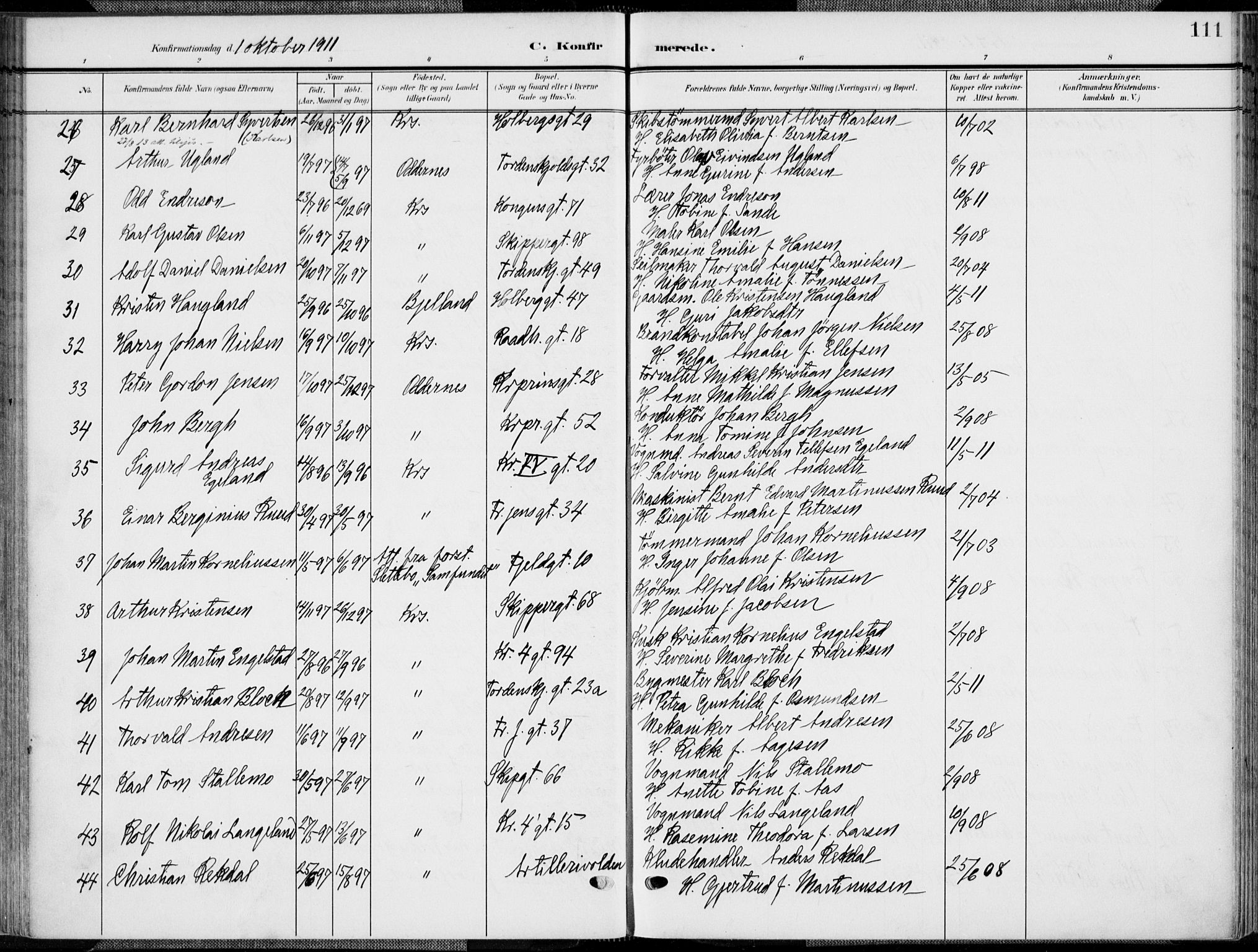 Kristiansand domprosti, SAK/1112-0006/F/Fa/L0022: Parish register (official) no. A 21, 1905-1916, p. 111
