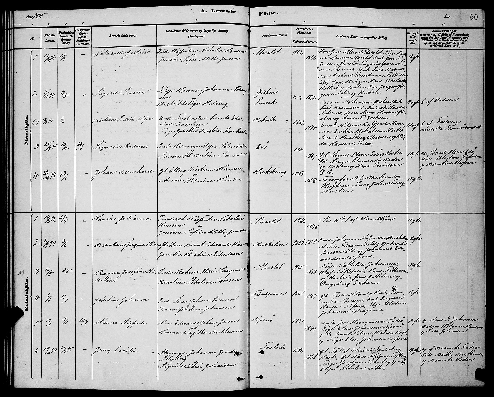 Lenvik sokneprestembete, AV/SATØ-S-1310/H/Ha/Hab/L0021klokker: Parish register (copy) no. 21, 1884-1900, p. 50