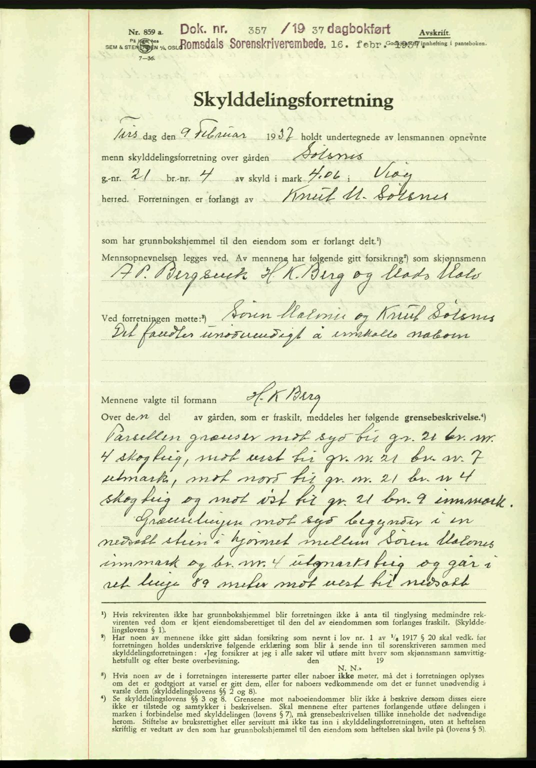 Romsdal sorenskriveri, SAT/A-4149/1/2/2C: Mortgage book no. A2, 1936-1937, Diary no: : 357/1937