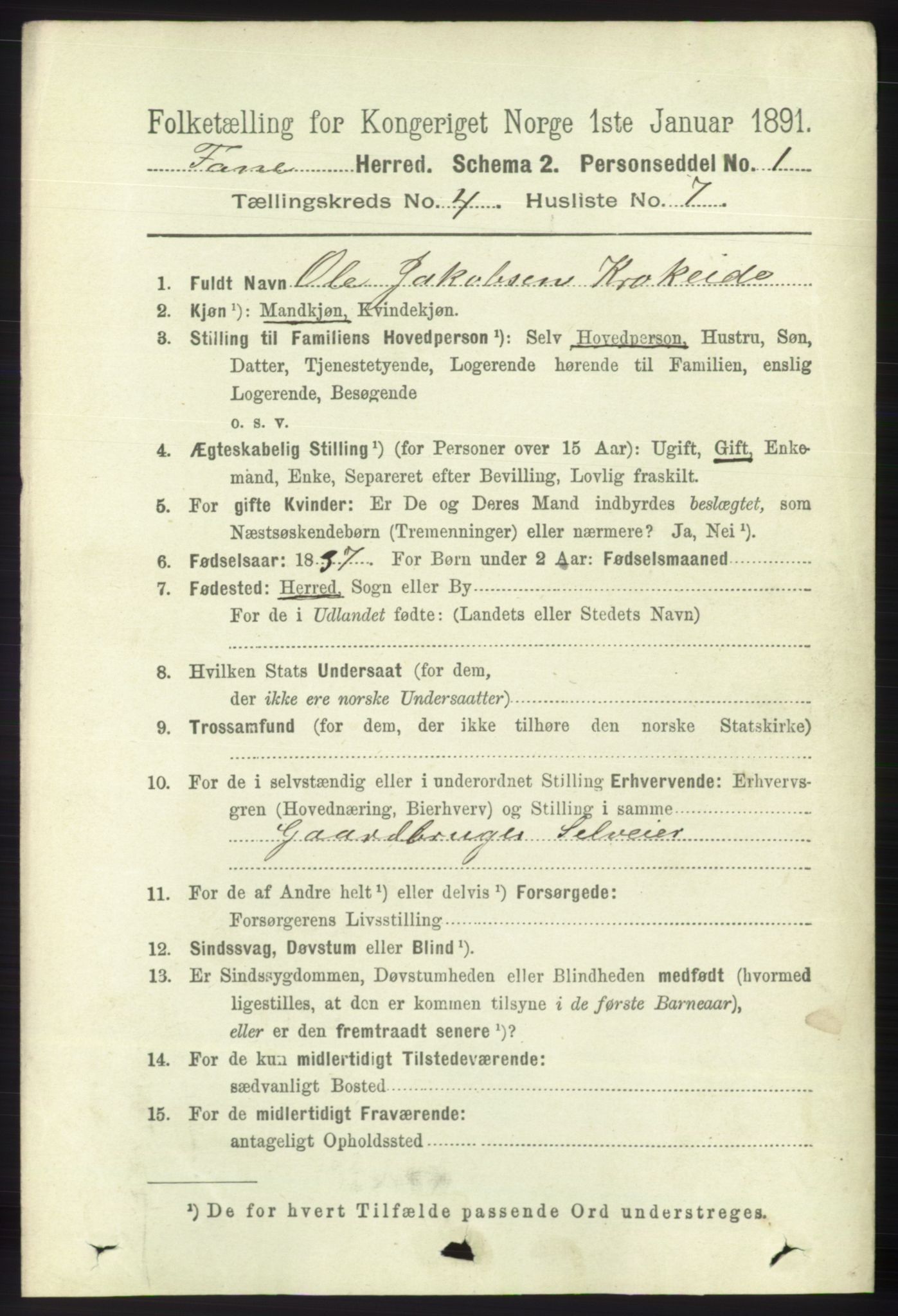 RA, 1891 census for 1249 Fana, 1891, p. 1627