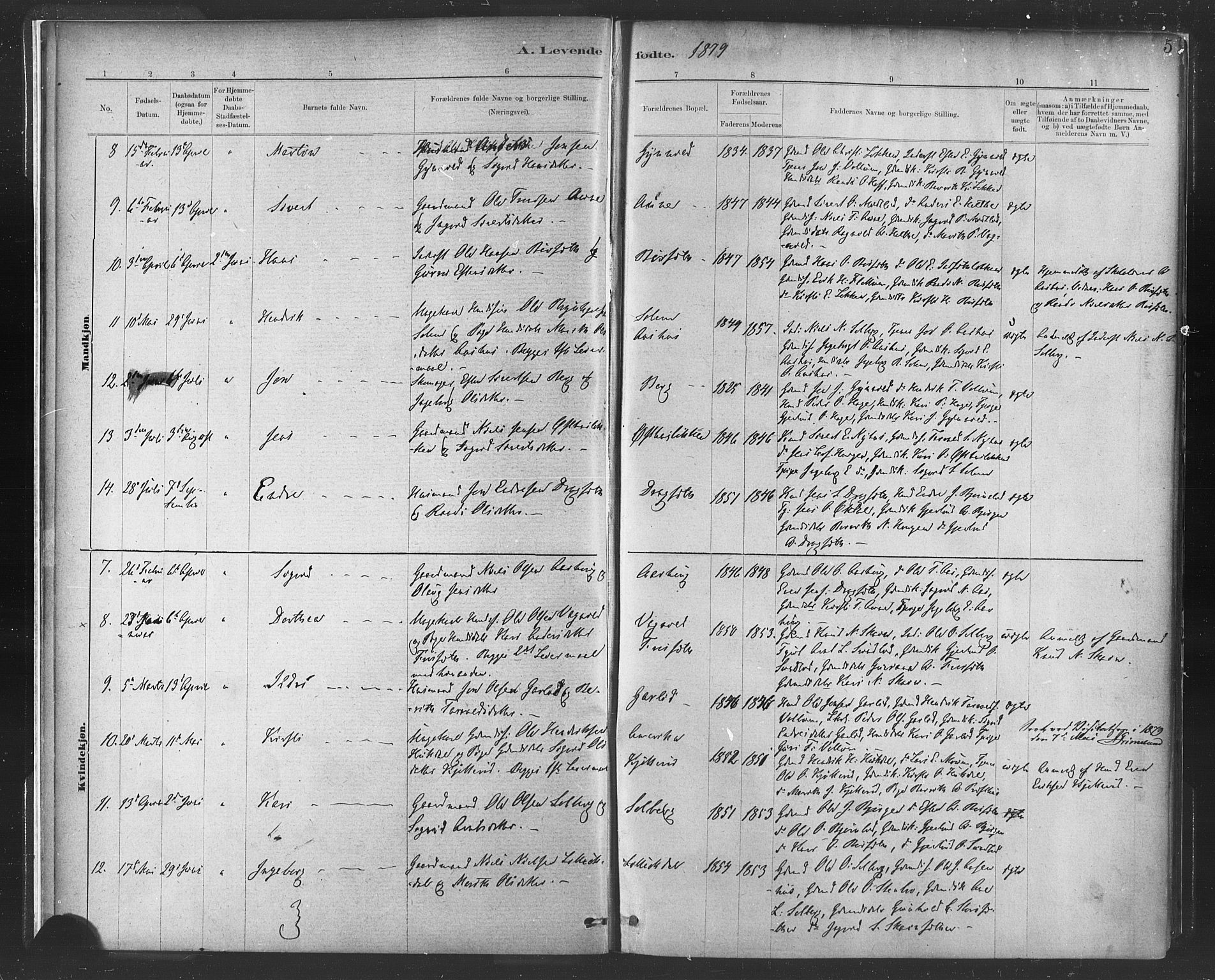 Ministerialprotokoller, klokkerbøker og fødselsregistre - Sør-Trøndelag, SAT/A-1456/689/L1040: Parish register (official) no. 689A05, 1878-1890, p. 5