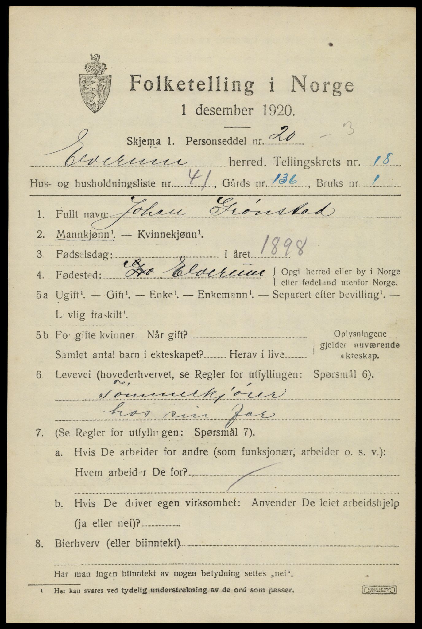 SAH, 1920 census for Elverum, 1920, p. 22534