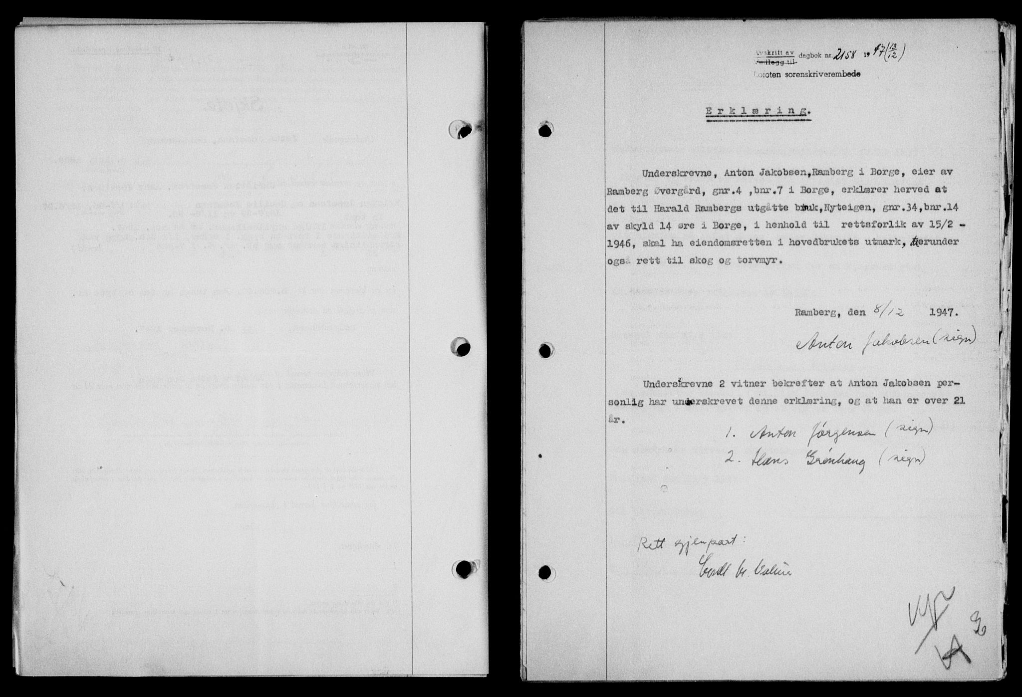 Lofoten sorenskriveri, SAT/A-0017/1/2/2C/L0017a: Mortgage book no. 17a, 1947-1948, Diary no: : 2158/1947
