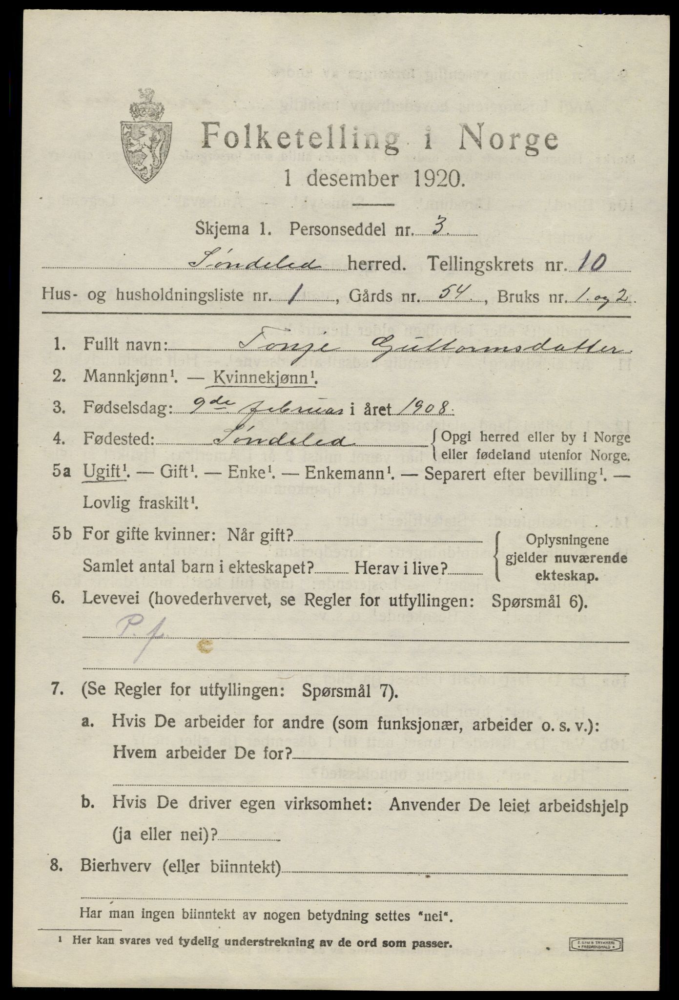 SAK, 1920 census for Søndeled, 1920, p. 4951