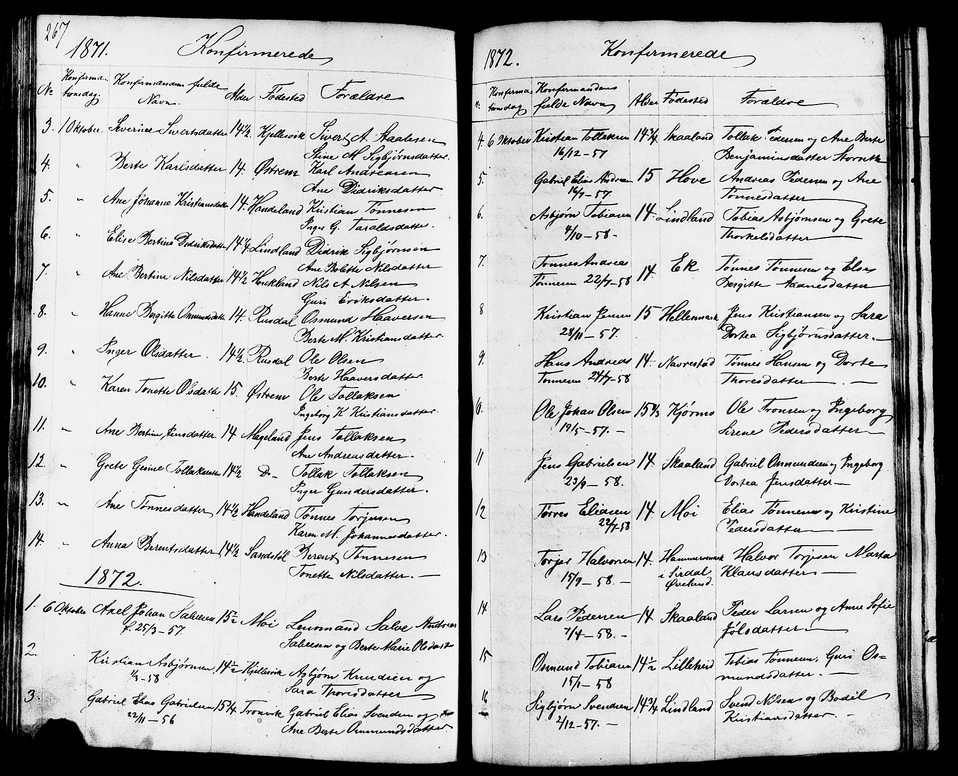 Lund sokneprestkontor, AV/SAST-A-101809/S07/L0003: Parish register (copy) no. B 3, 1848-1885, p. 267