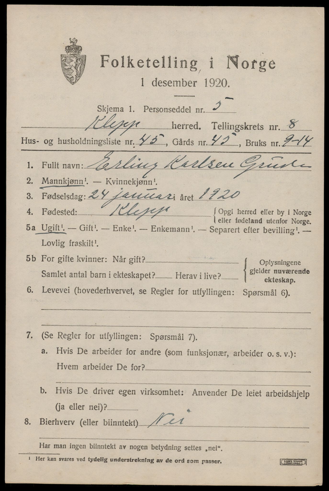 SAST, 1920 census for Klepp, 1920, p. 7552