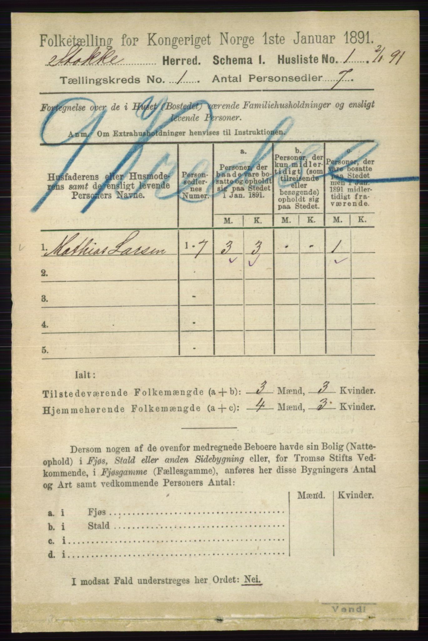 RA, 1891 census for 0720 Stokke, 1891, p. 39