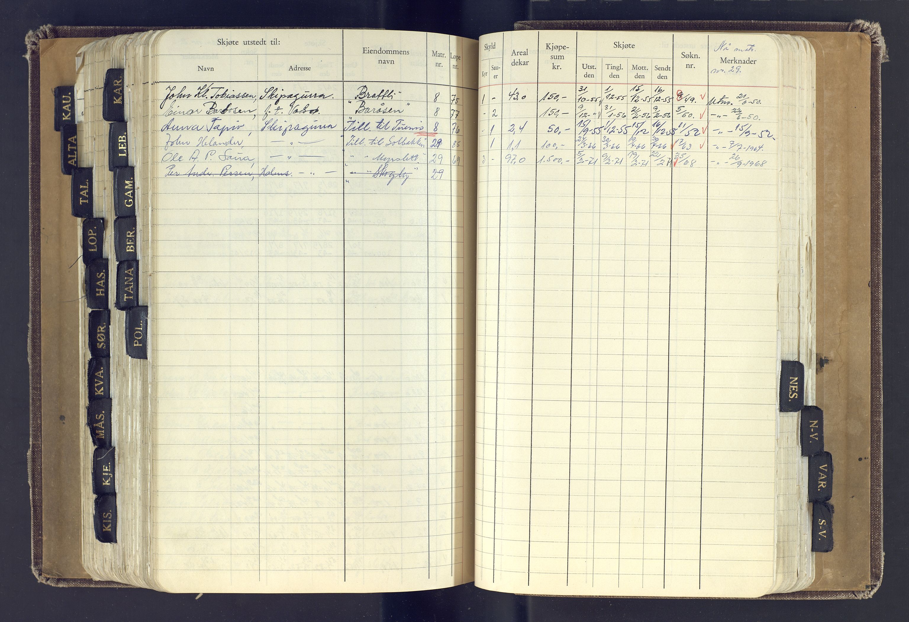 Finnmark jordsalgskommisjon/jordsalgskontor og Statskog SF Finnmark jordsalgskontor, AV/SATØ-S-1443/J/Jc/L0001: Skjøtebok, 1932-1983