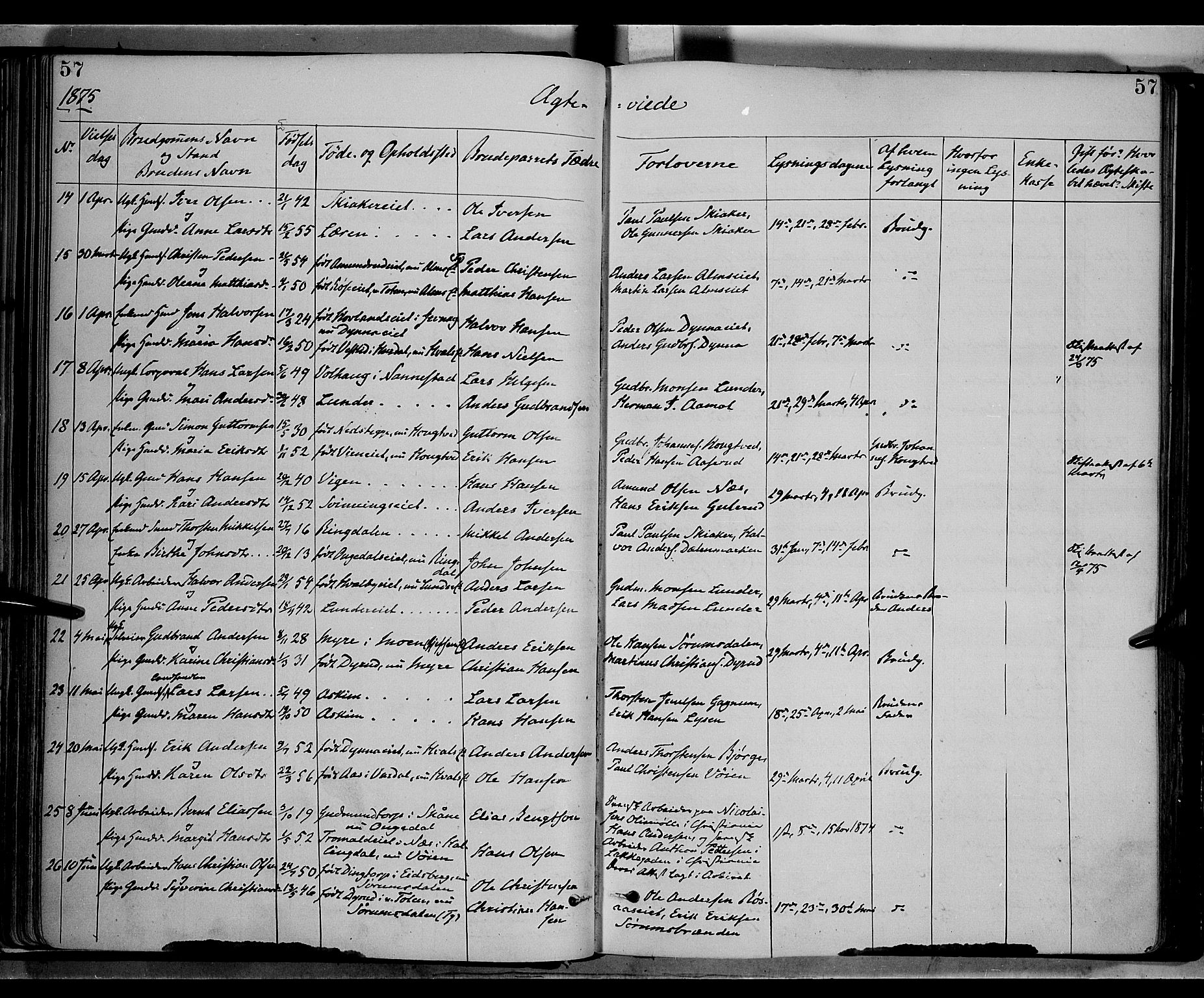 Gran prestekontor, SAH/PREST-112/H/Ha/Haa/L0013: Parish register (official) no. 13, 1875-1879, p. 57