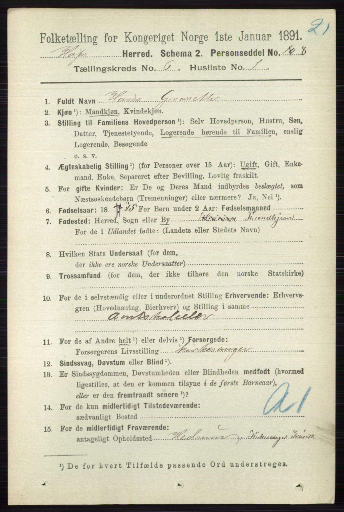 RA, 1891 census for 0714 Hof, 1891, p. 1788