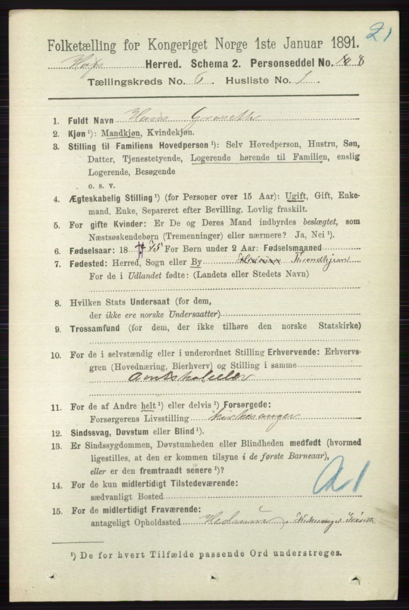 RA, 1891 census for 0714 Hof, 1891, p. 1788