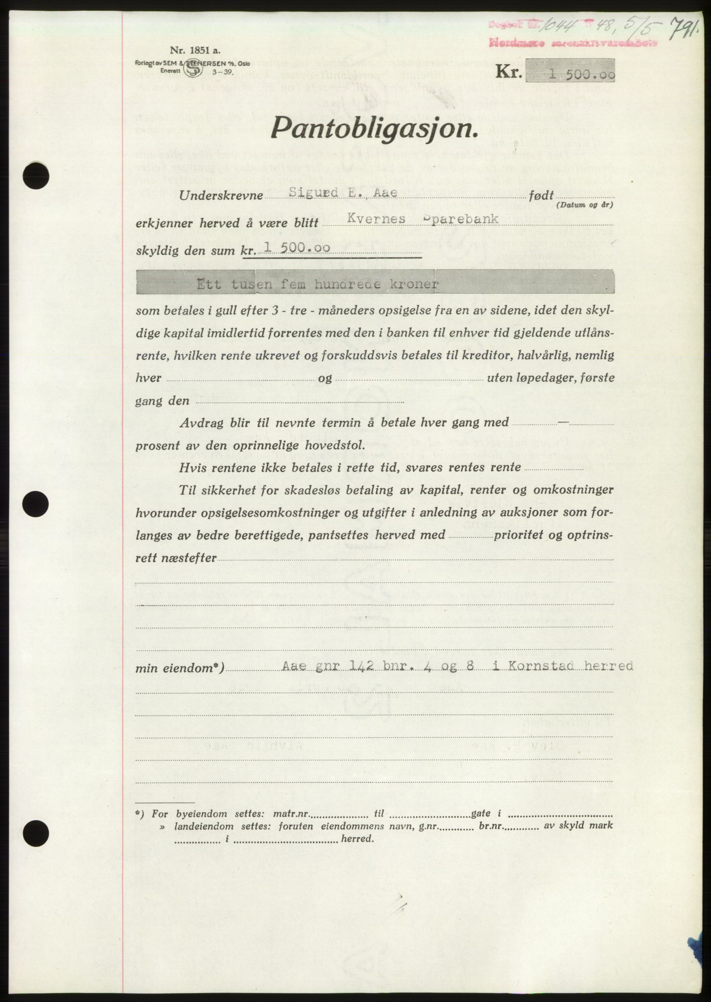 Nordmøre sorenskriveri, AV/SAT-A-4132/1/2/2Ca: Mortgage book no. B98, 1948-1948, Diary no: : 1044/1948