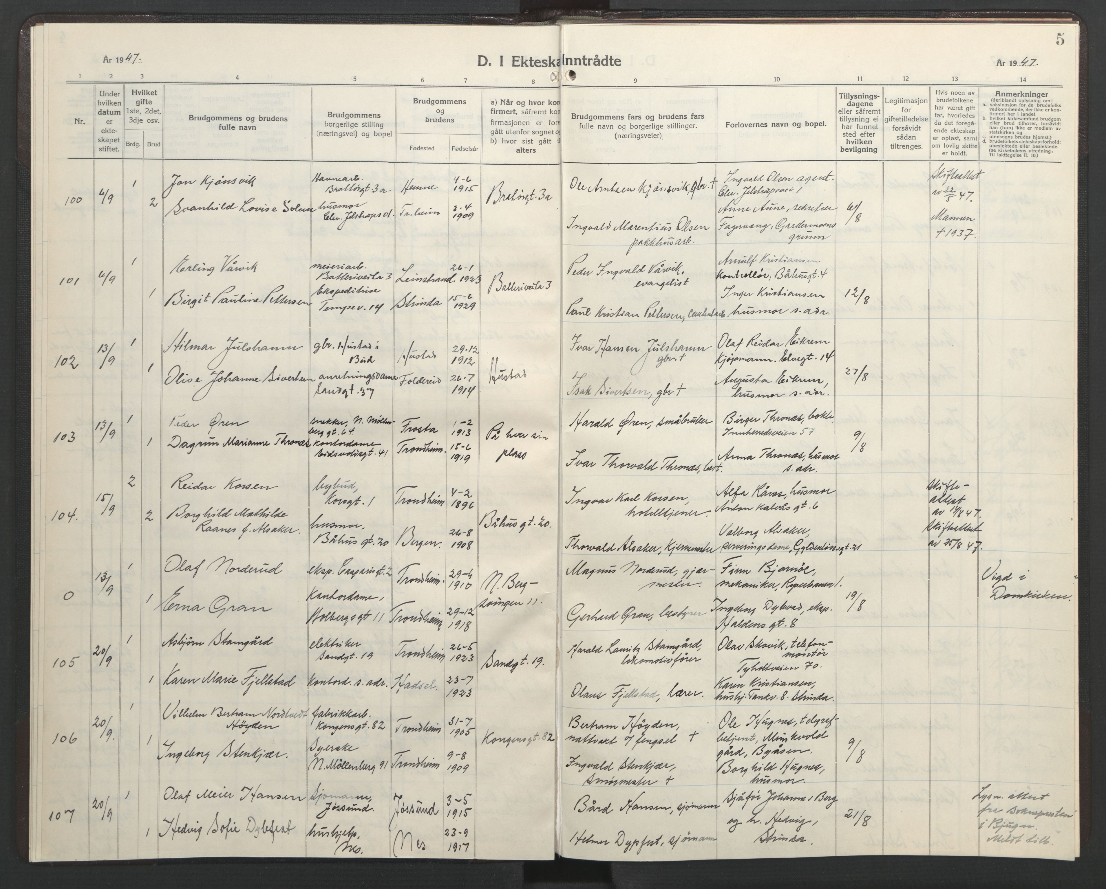 Ministerialprotokoller, klokkerbøker og fødselsregistre - Sør-Trøndelag, AV/SAT-A-1456/602/L0155: Parish register (copy) no. 602C23, 1947-1950, p. 5