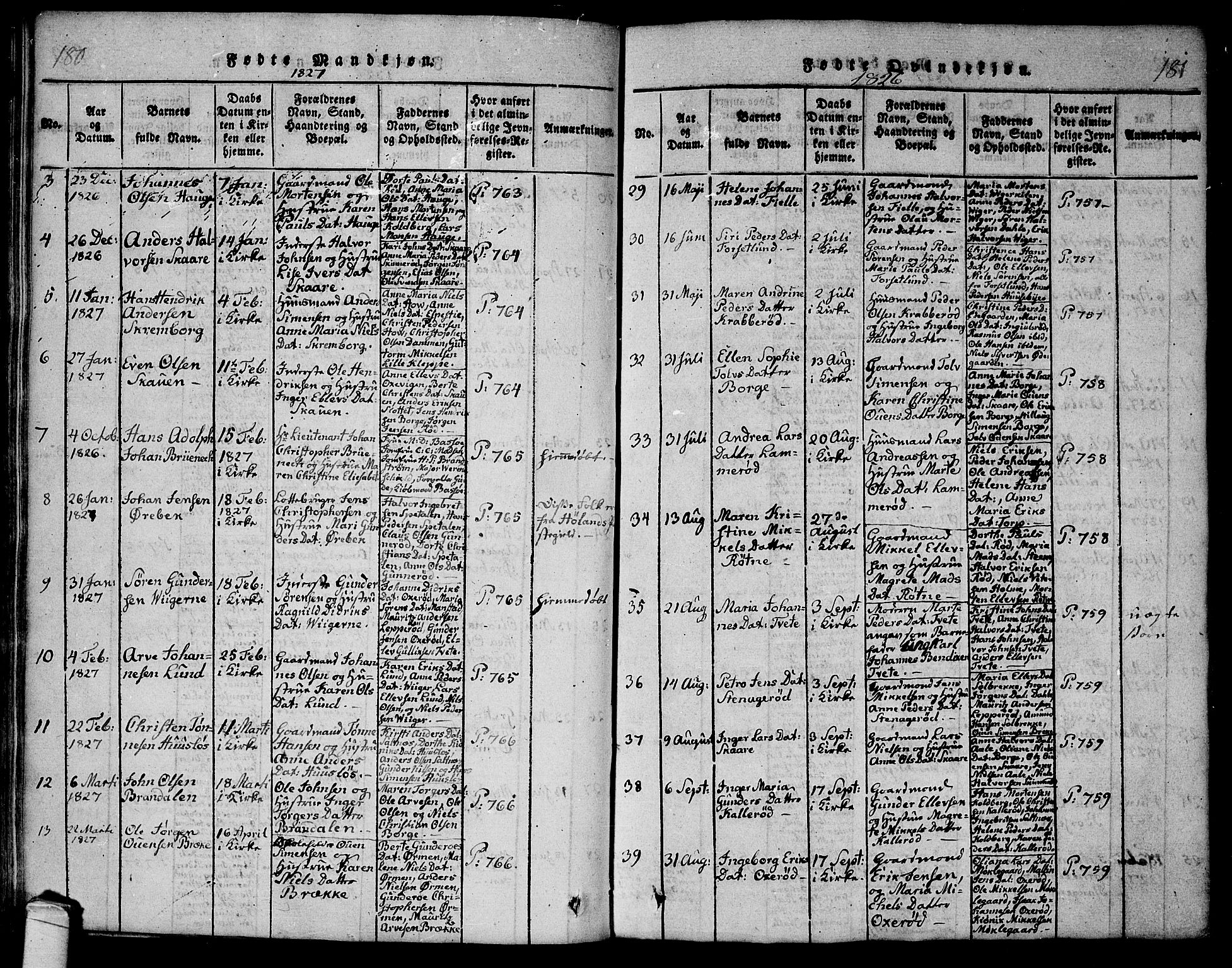 Onsøy prestekontor Kirkebøker, SAO/A-10914/F/Fa/L0002: Parish register (official) no. I 2, 1814-1840, p. 180-181