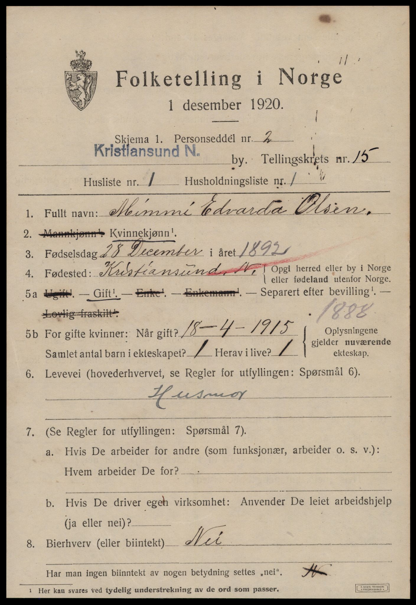 SAT, 1920 census for Kristiansund, 1920, p. 30895