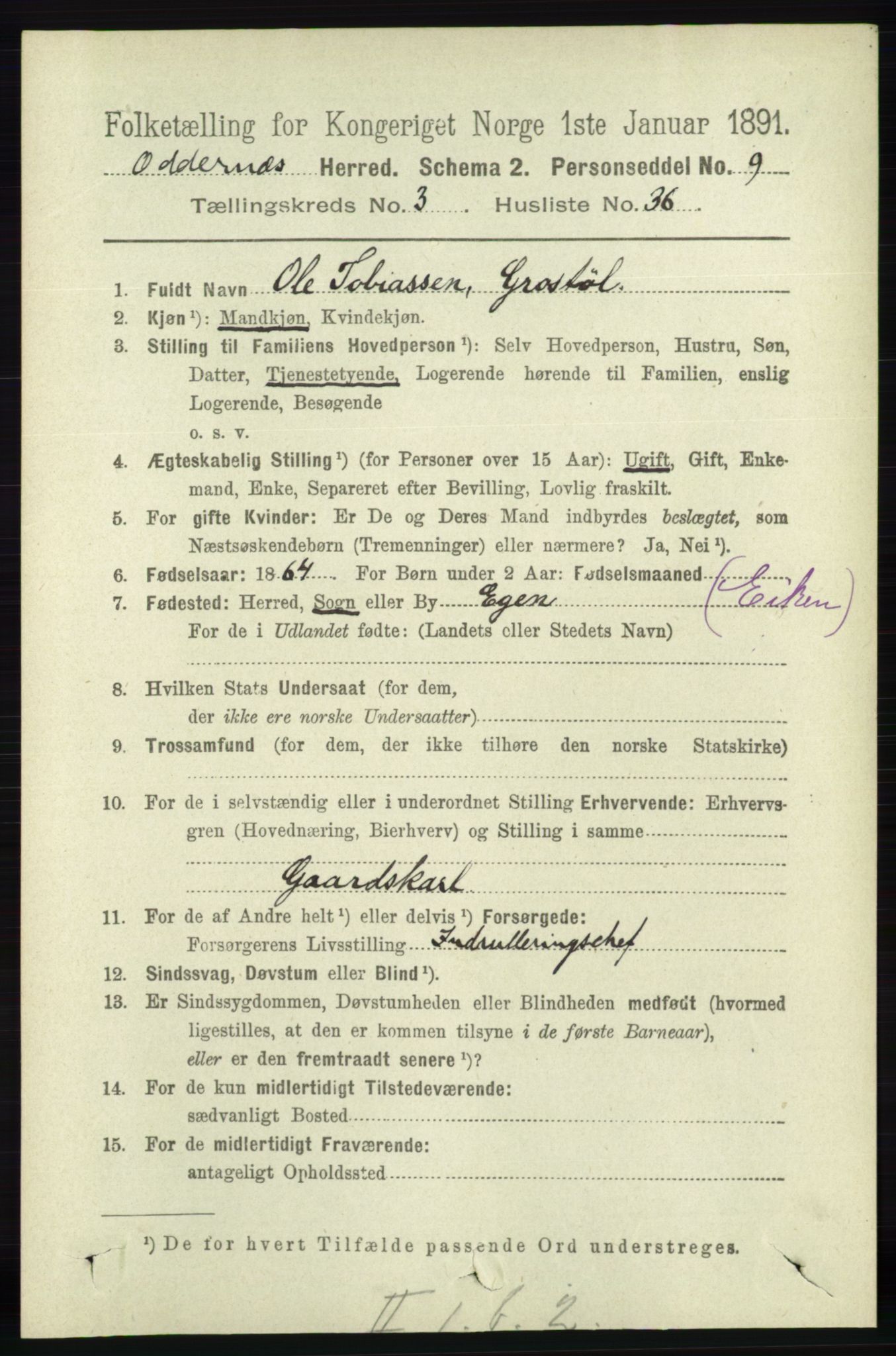 RA, 1891 census for 1012 Oddernes, 1891, p. 1010