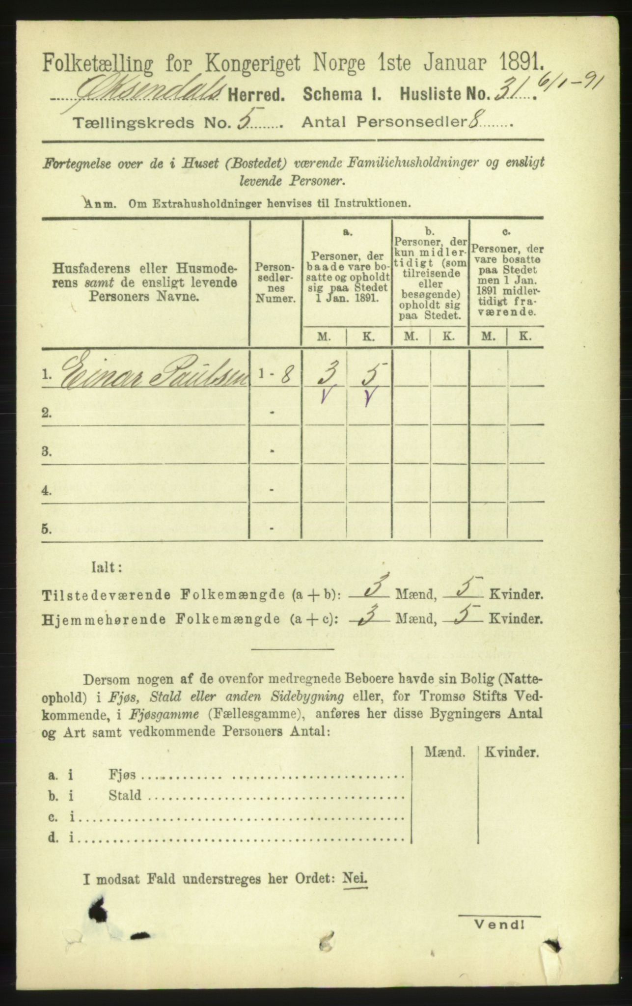 RA, 1891 census for 1561 Øksendal, 1891, p. 1025