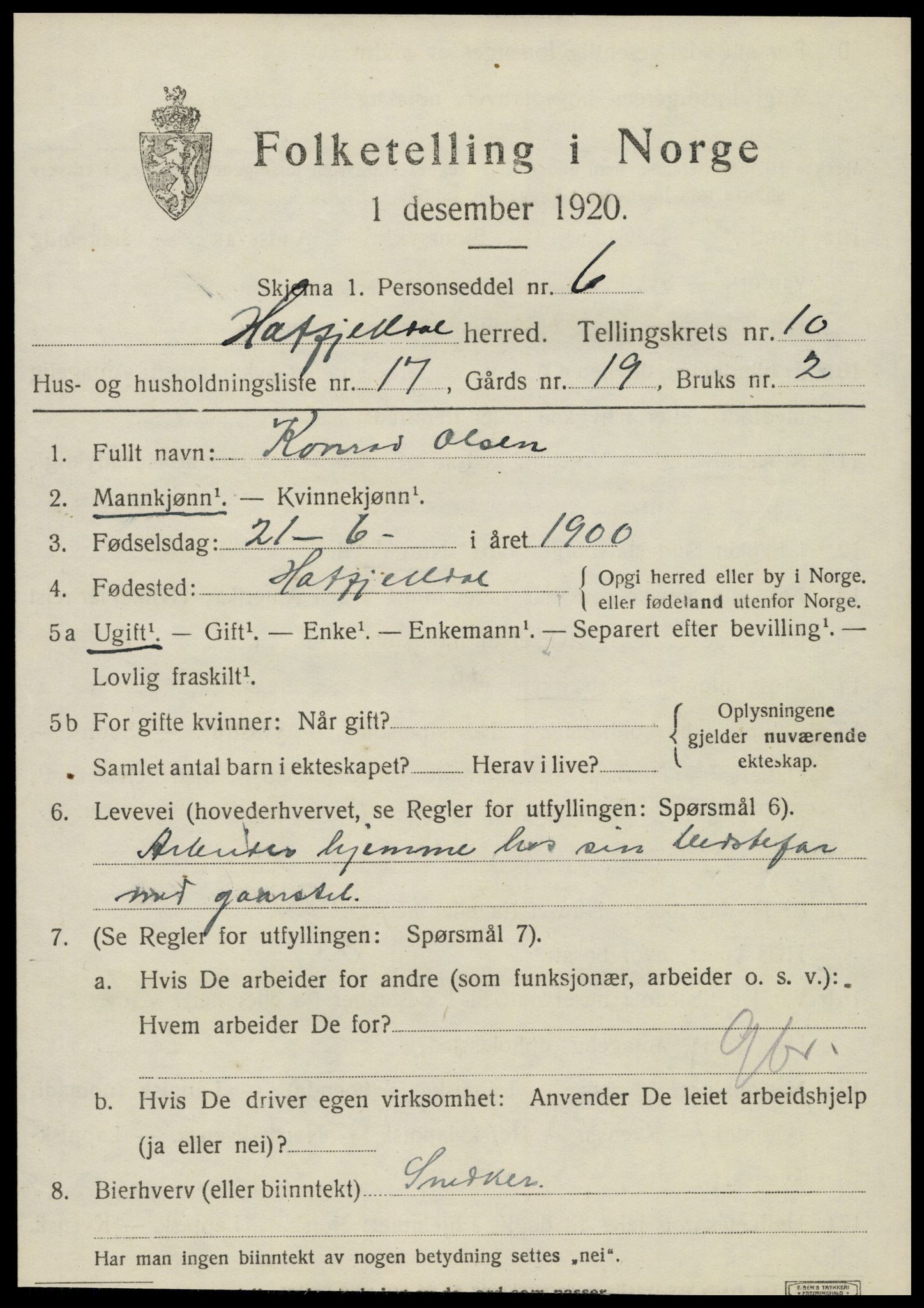 SAT, 1920 census for Hattfjelldal, 1920, p. 2506