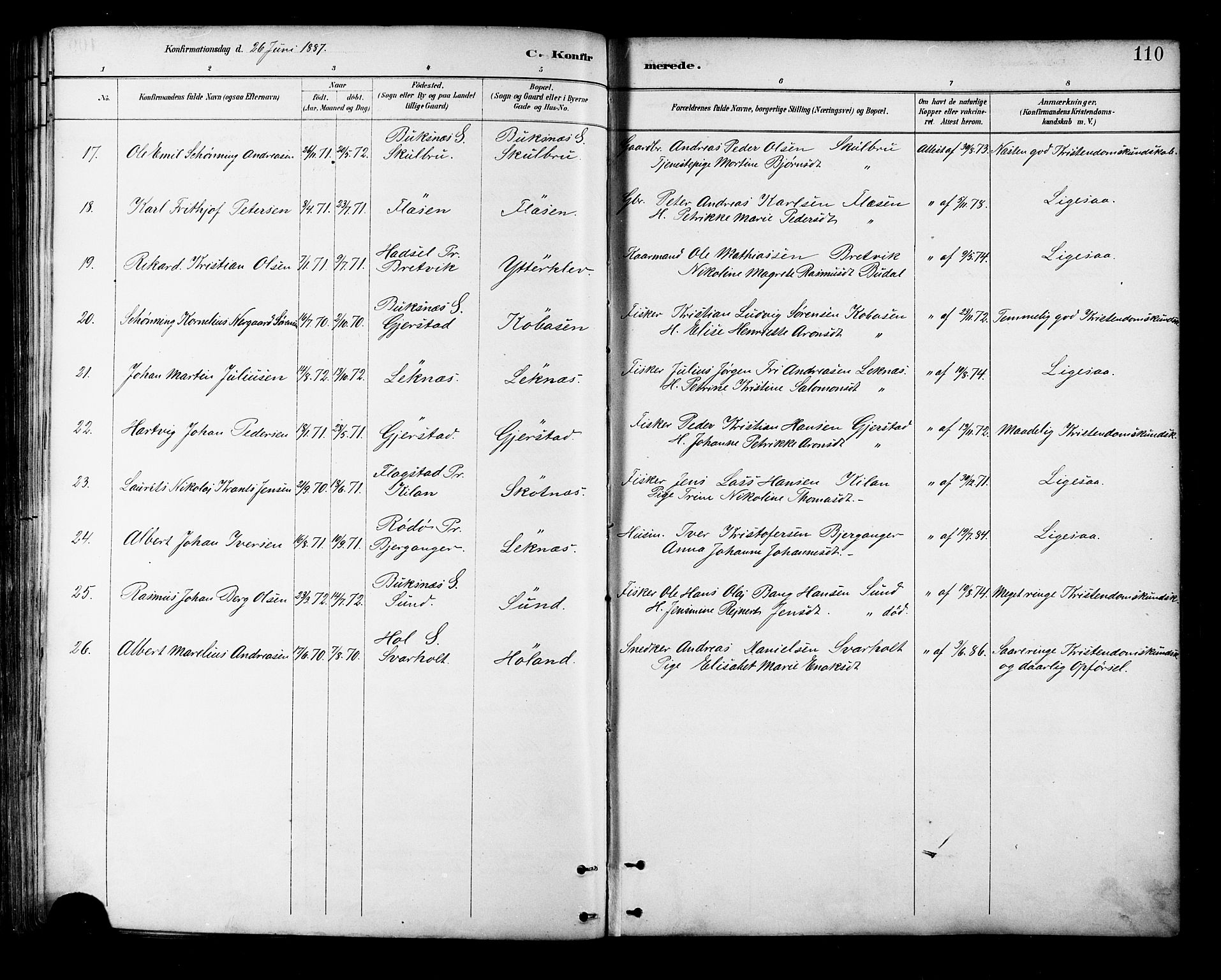 Ministerialprotokoller, klokkerbøker og fødselsregistre - Nordland, SAT/A-1459/881/L1167: Parish register (copy) no. 881C04, 1886-1899, p. 110