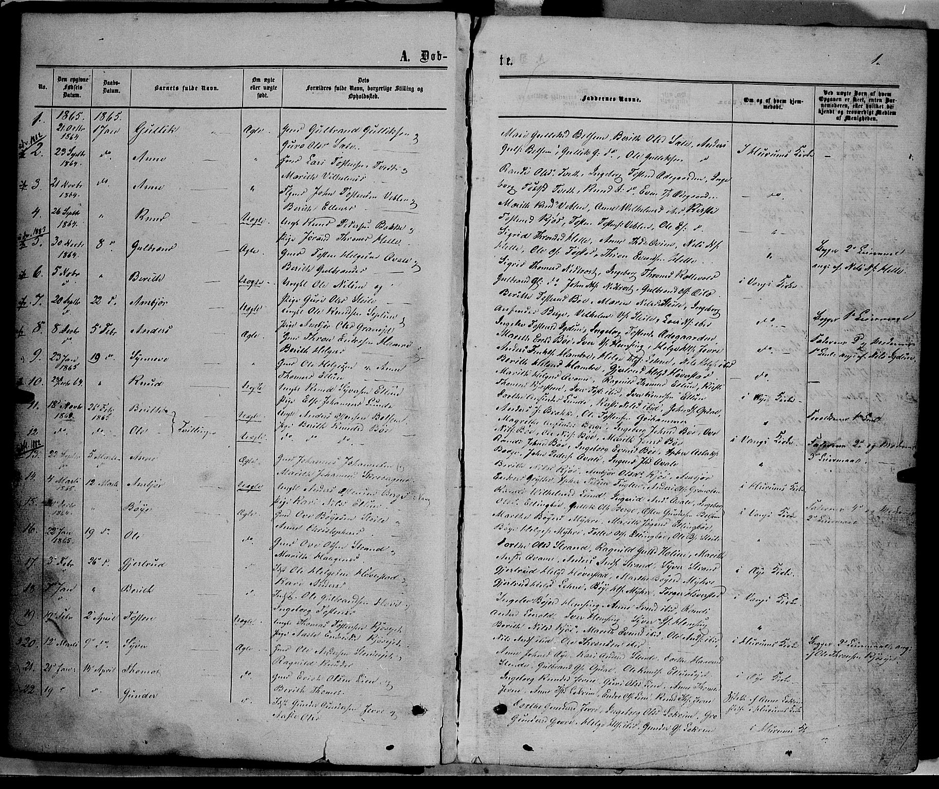 Vang prestekontor, Valdres, SAH/PREST-140/H/Ha/L0007: Parish register (official) no. 7, 1865-1881, p. 1