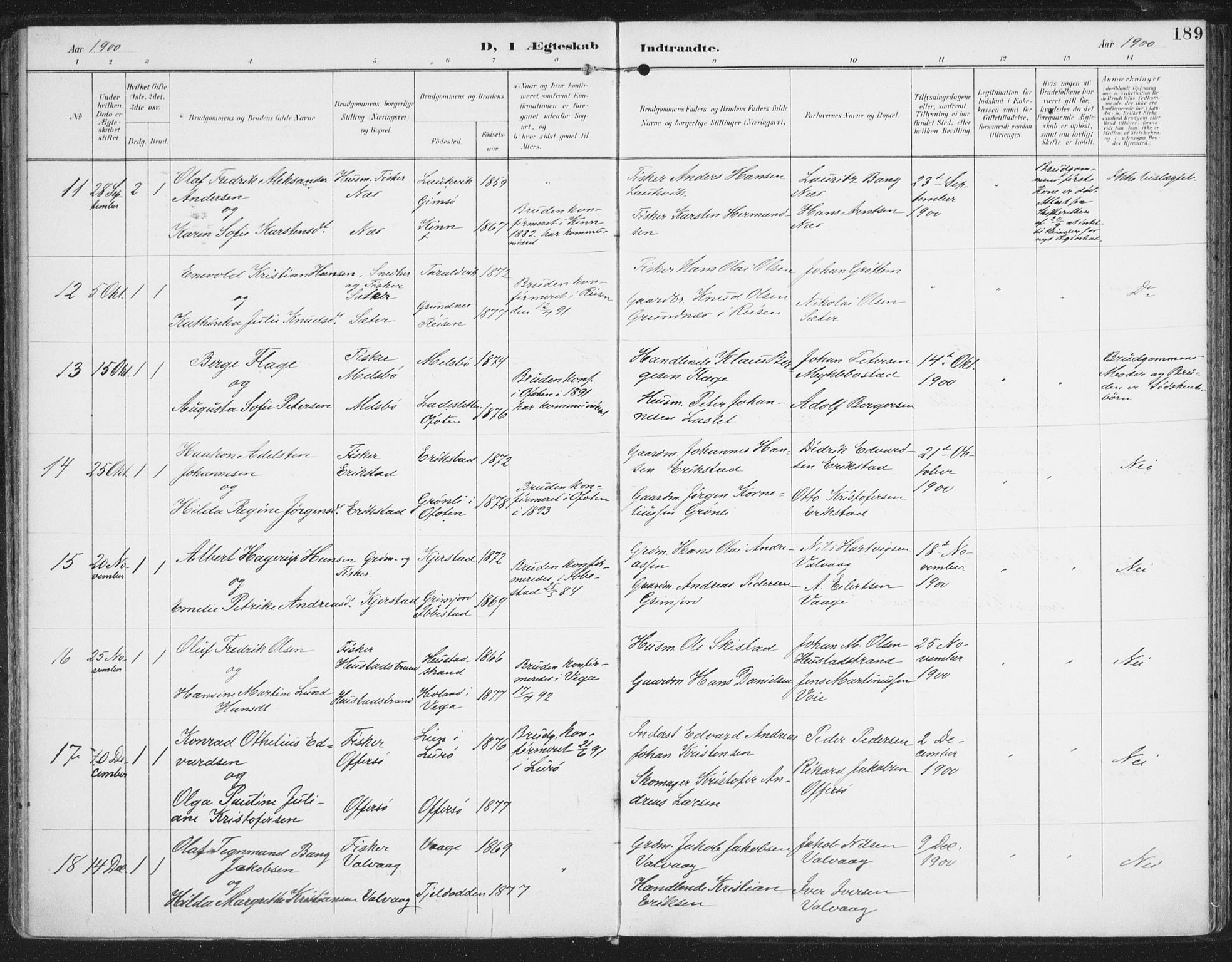 Ministerialprotokoller, klokkerbøker og fødselsregistre - Nordland, AV/SAT-A-1459/872/L1036: Parish register (official) no. 872A11, 1897-1913, p. 189