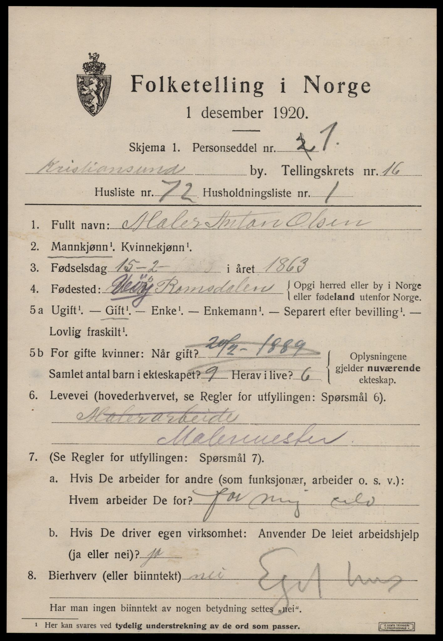 SAT, 1920 census for Kristiansund, 1920, p. 35443