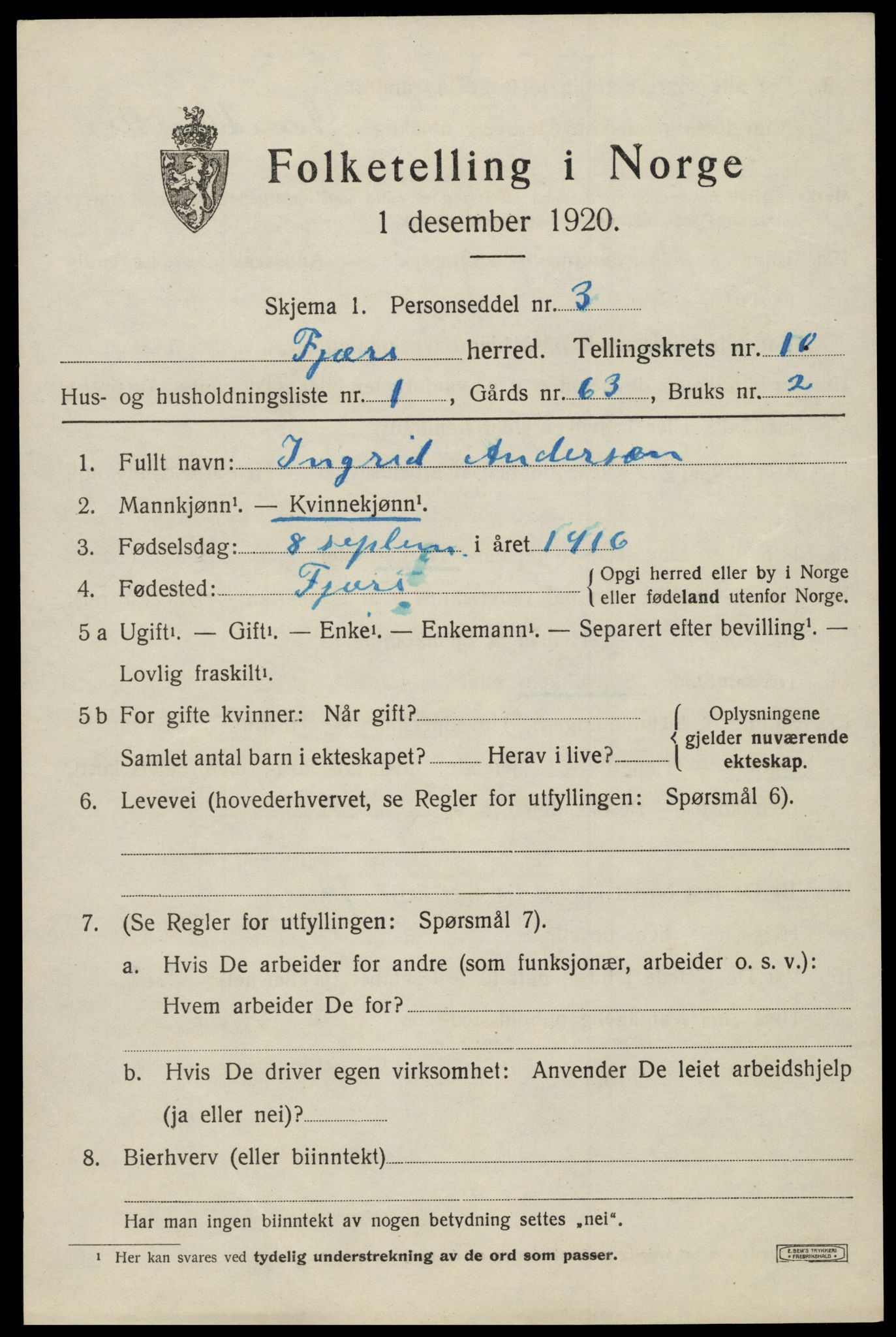 SAK, 1920 census for Fjære, 1920, p. 11395