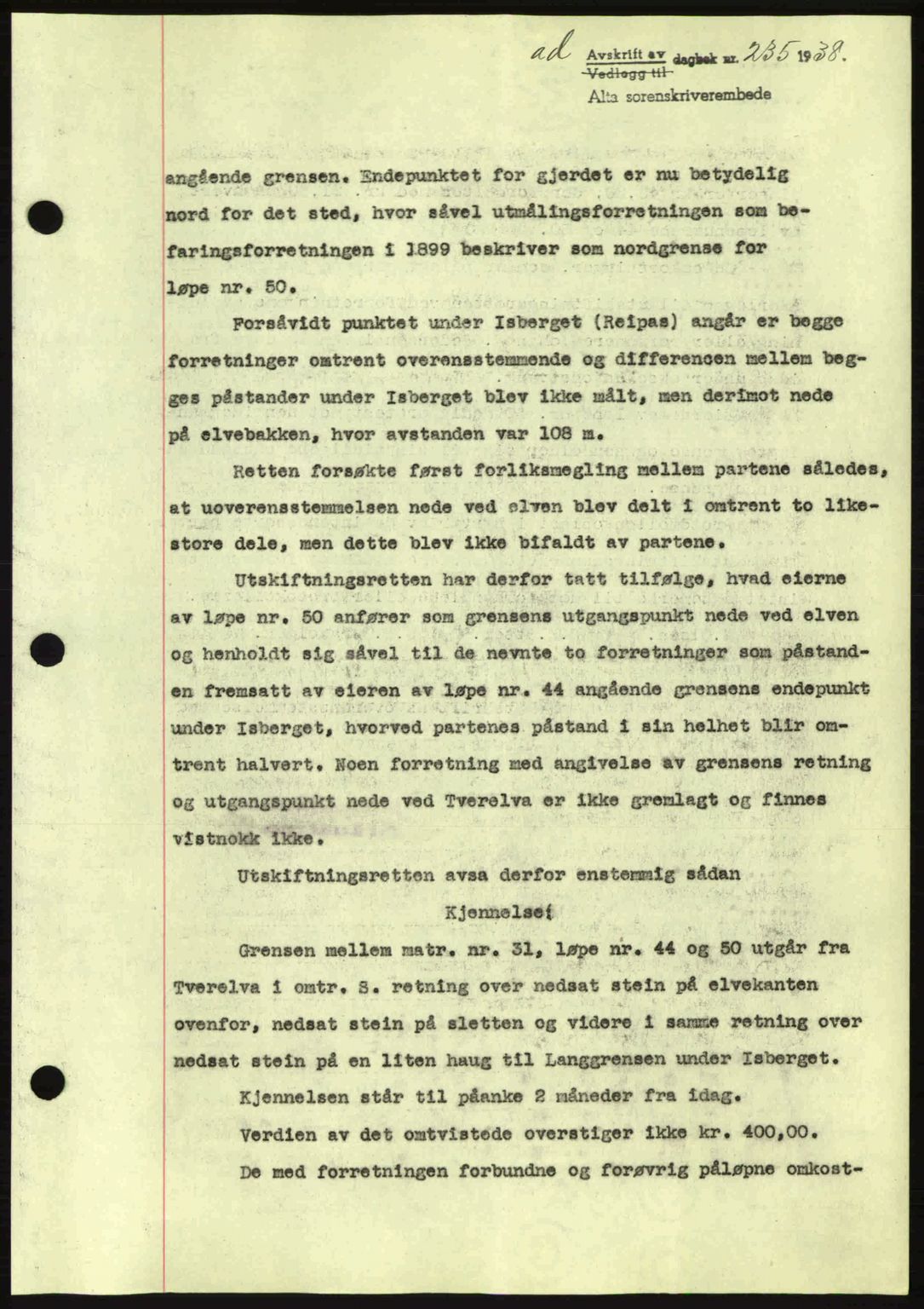 Alta fogderi/sorenskriveri, AV/SATØ-SATØ-5/1/K/Kd/L0031pantebok: Mortgage book no. 31, 1938-1939, Diary no: : 235/1938