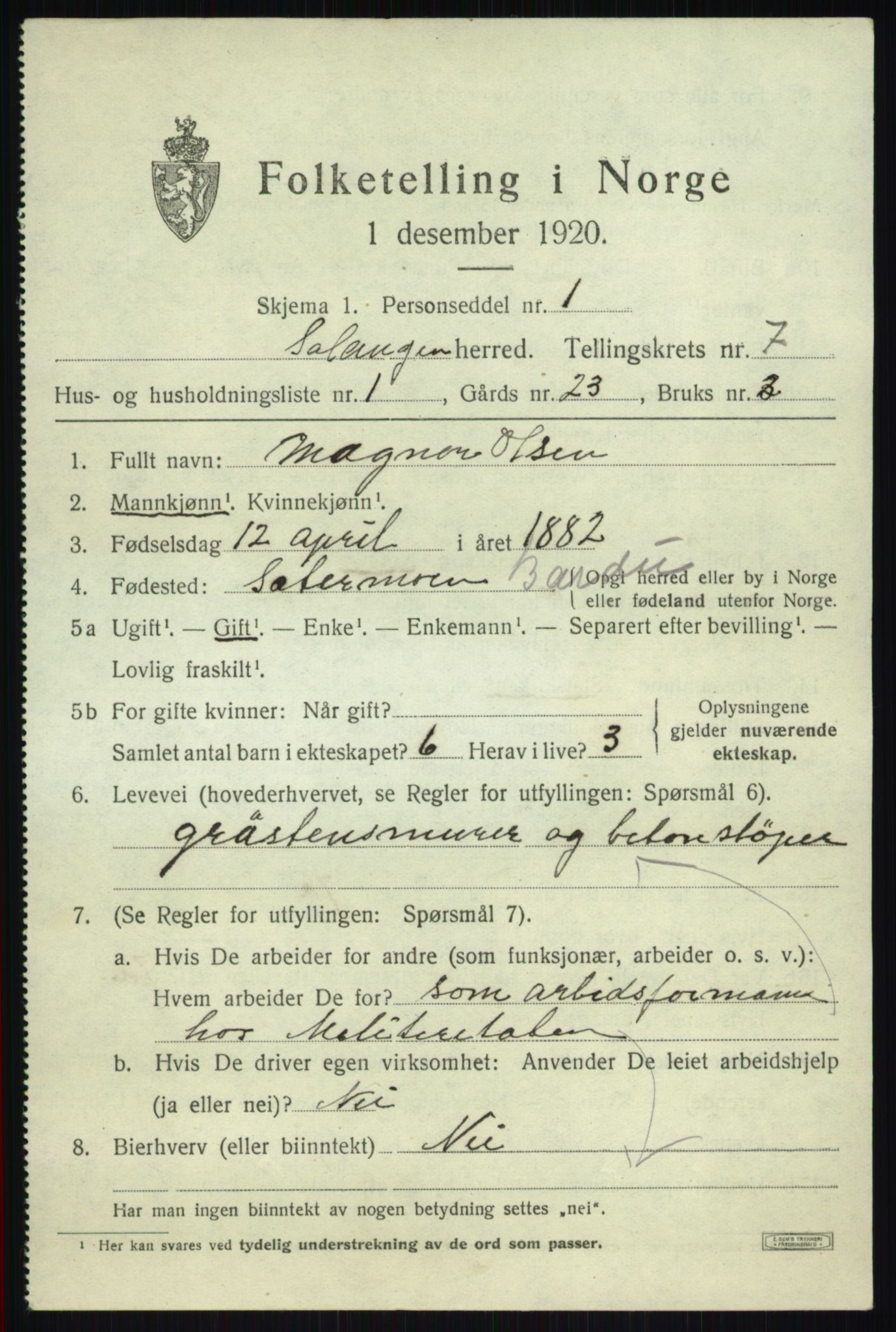 SATØ, 1920 census for Salangen, 1920, p. 4596