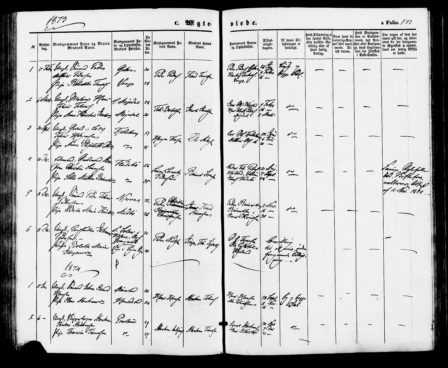 Sør-Audnedal sokneprestkontor, SAK/1111-0039/F/Fa/Faa/L0003: Parish register (official) no. A 3, 1868-1883, p. 142