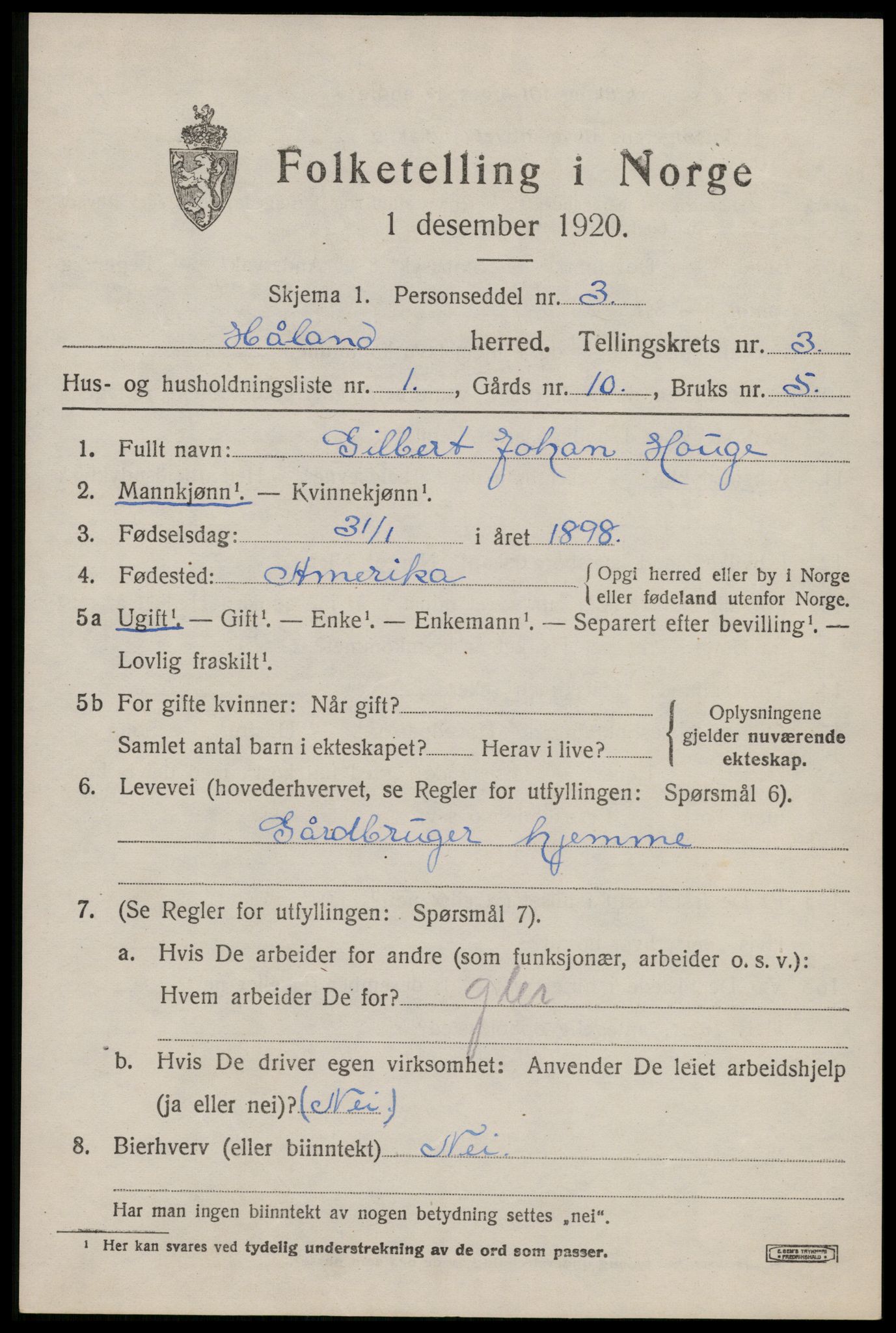 SAST, 1920 census for Håland, 1920, p. 3013