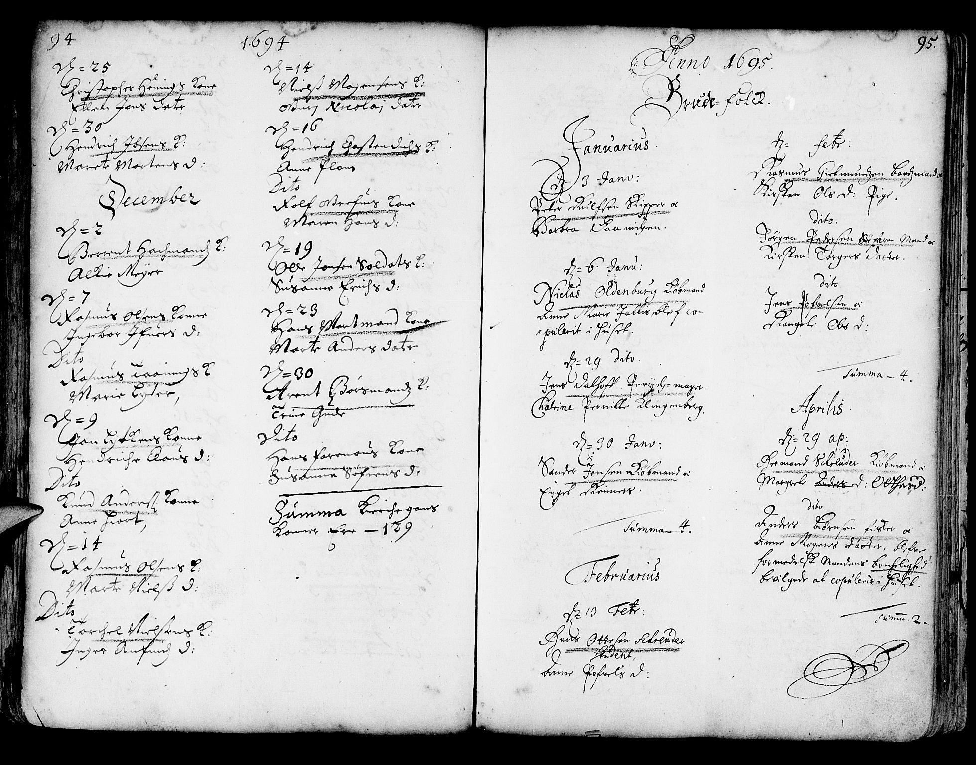 Korskirken sokneprestembete, SAB/A-76101/H/Haa/L0002: Parish register (official) no. A 2, 1688-1697, p. 94-95