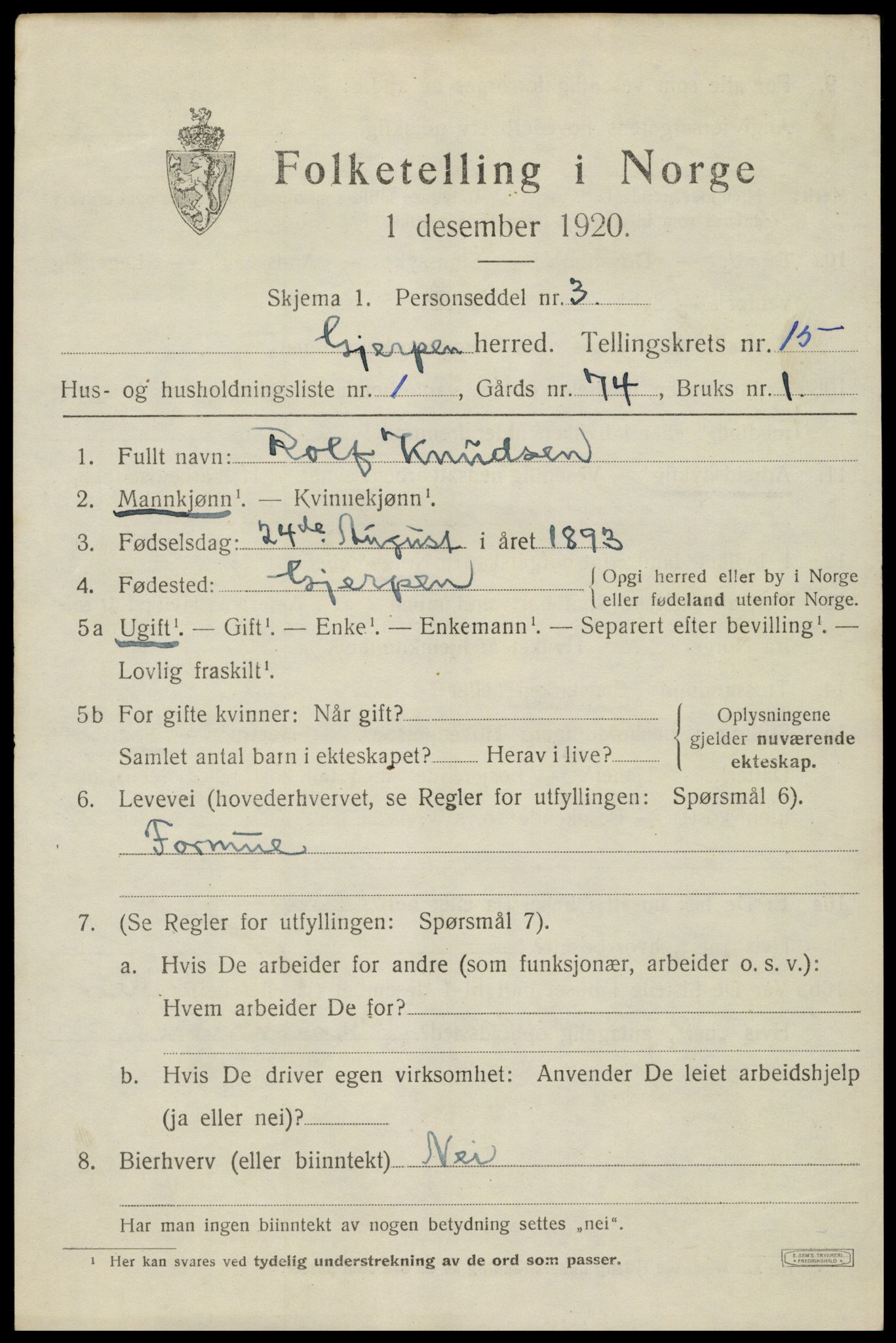 SAKO, 1920 census for Gjerpen, 1920, p. 17220