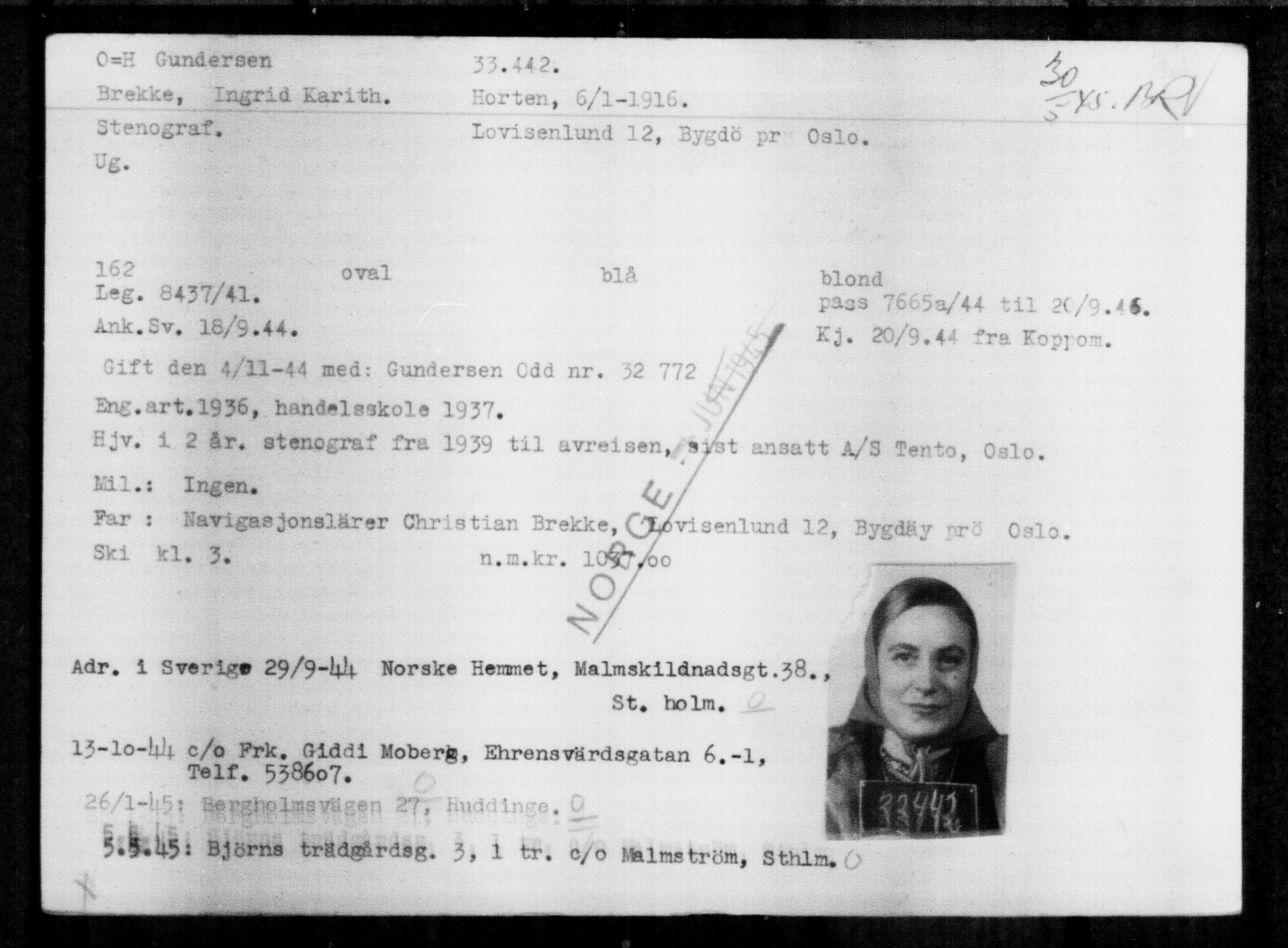 Utenriksstasjonene, Legasjonen i Stockholm, Flyktningkontoret, AV/RA-S-6753/V/Va/L0013: Kjesäterkartoteket, flyktninger med registreringsnr. 31500-34731, 1940-1945, p. 2046