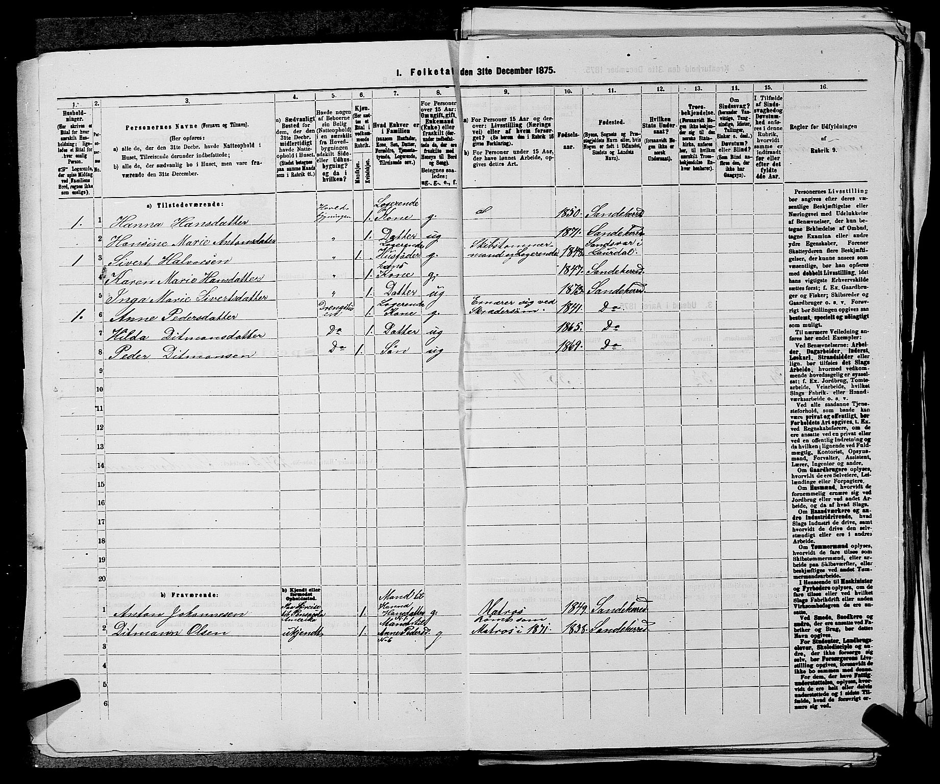 SAKO, 1875 census for 0724L Sandeherred/Sandeherred, 1875, p. 695