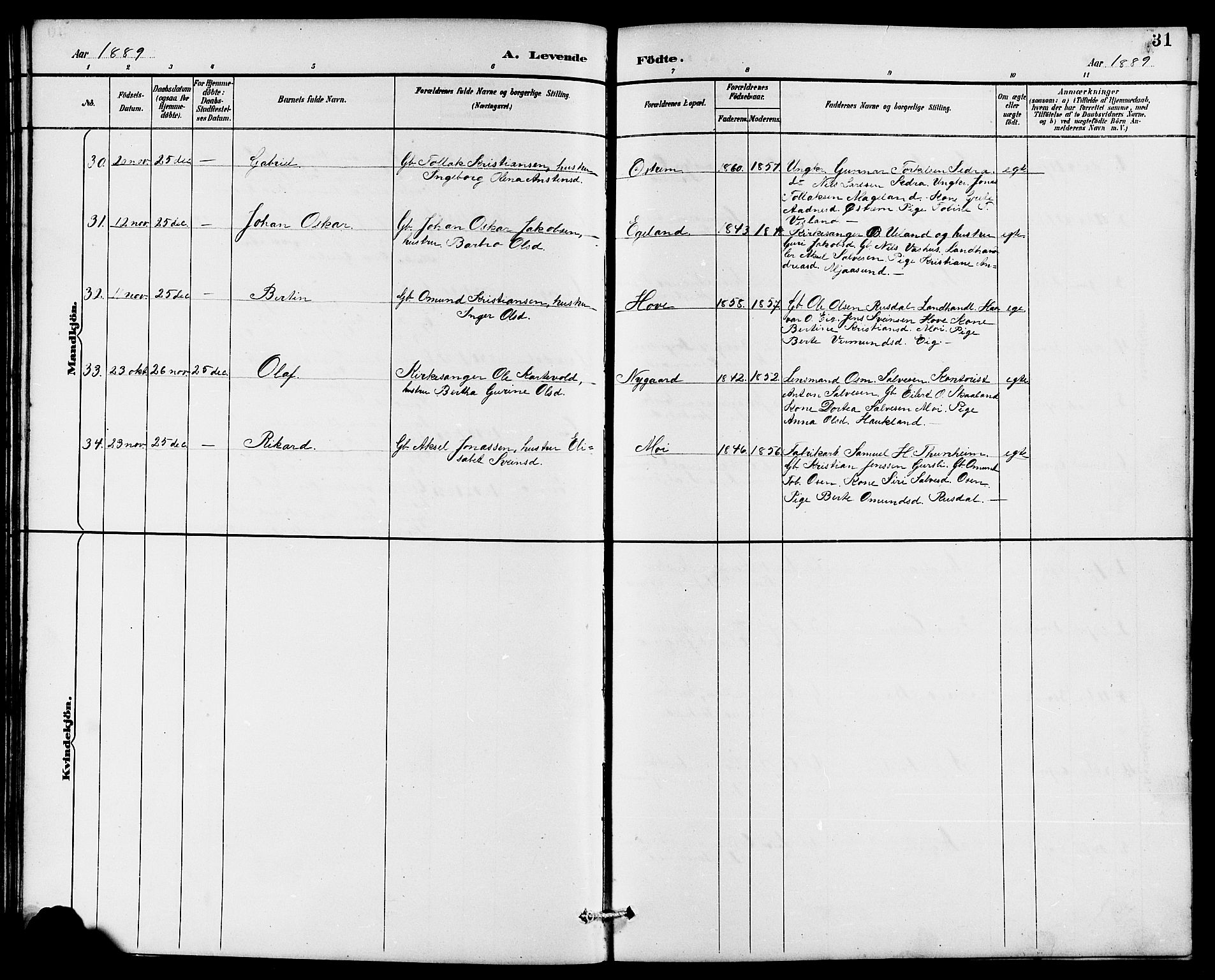 Lund sokneprestkontor, AV/SAST-A-101809/S07/L0006: Parish register (copy) no. B 6, 1885-1901, p. 31