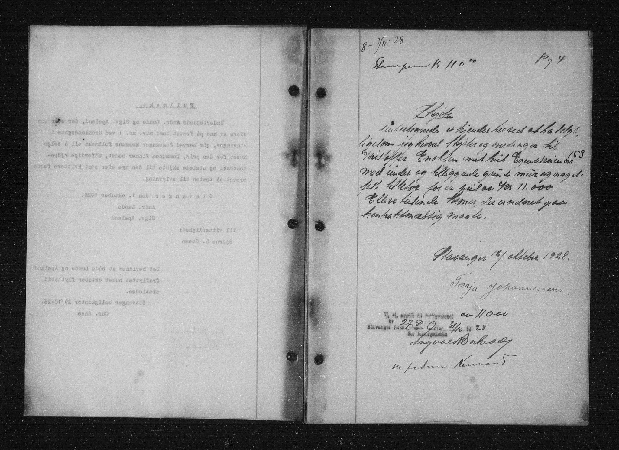 Stavanger byfogd, AV/SAST-A-101408/001/4/41/410/410BB/L0055: Mortgage book no. 43, 1928-1929, Deed date: 03.11.1928