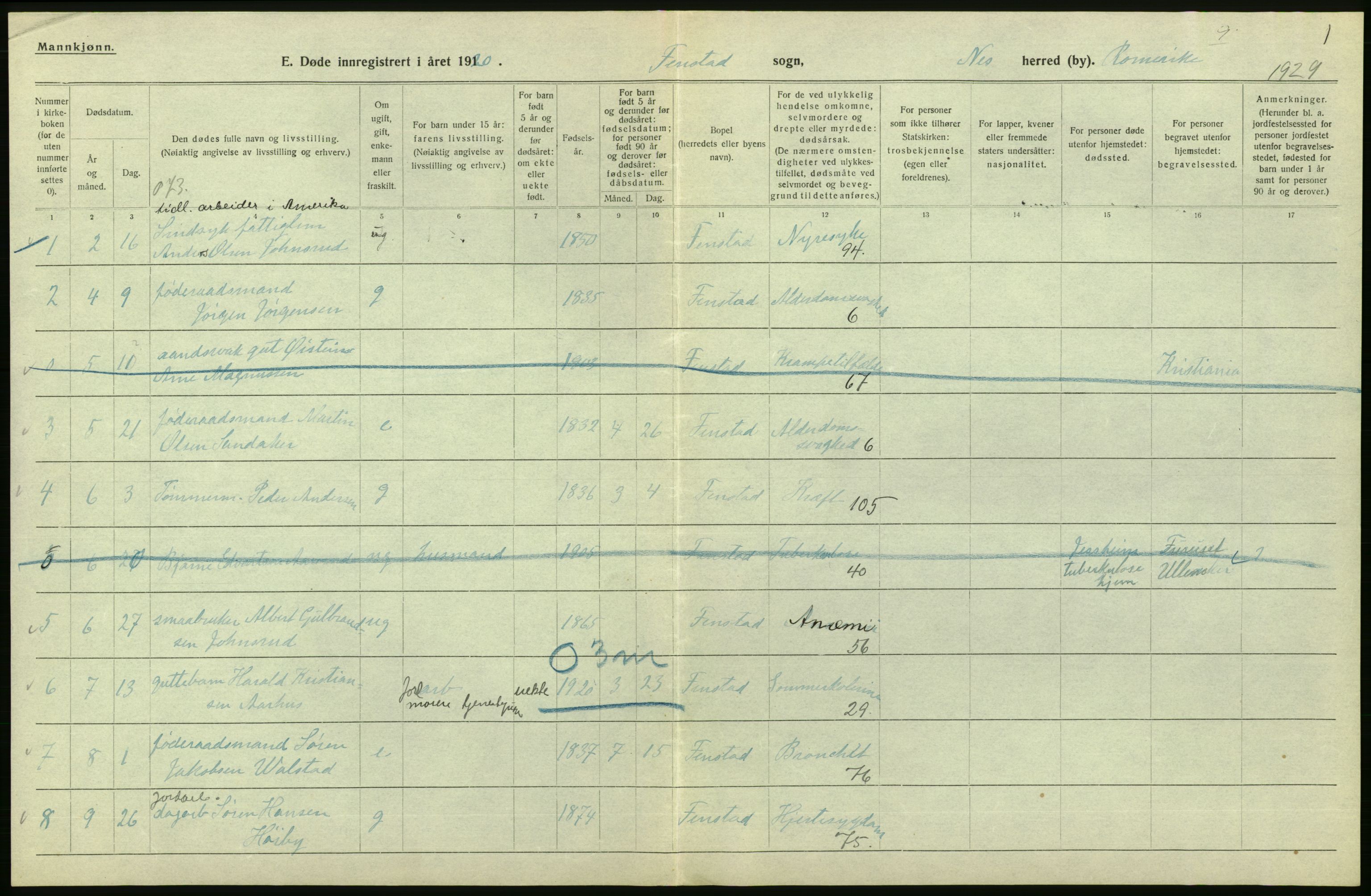 Statistisk sentralbyrå, Sosiodemografiske emner, Befolkning, RA/S-2228/D/Df/Dfb/Dfbj/L0007: Akershus fylke: Døde. Bygder og byer., 1920, p. 214